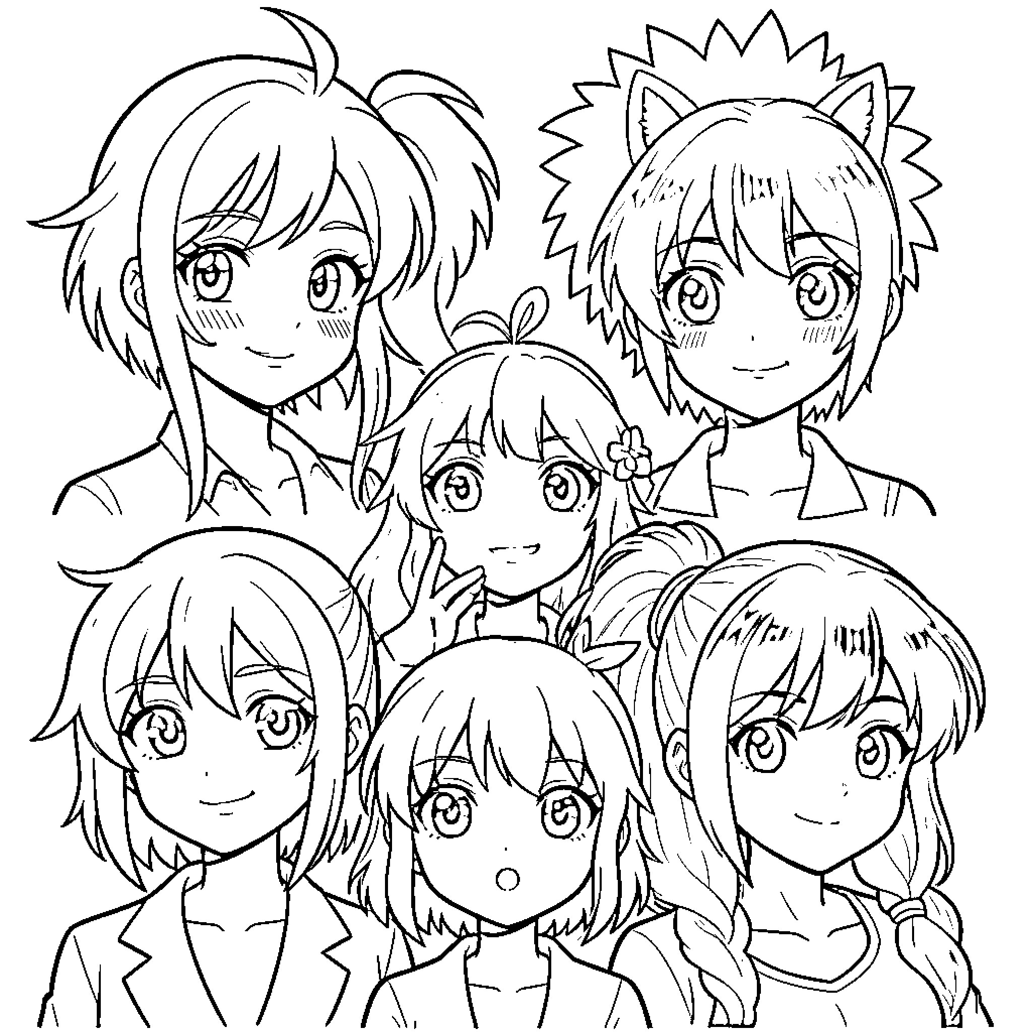 Anime Characters in Cheerful Group Portrait Coloring Page (free black-and-white line drawing printable PDF for all, from beginners to advanced learners, including children, teens, adults, and seniors)