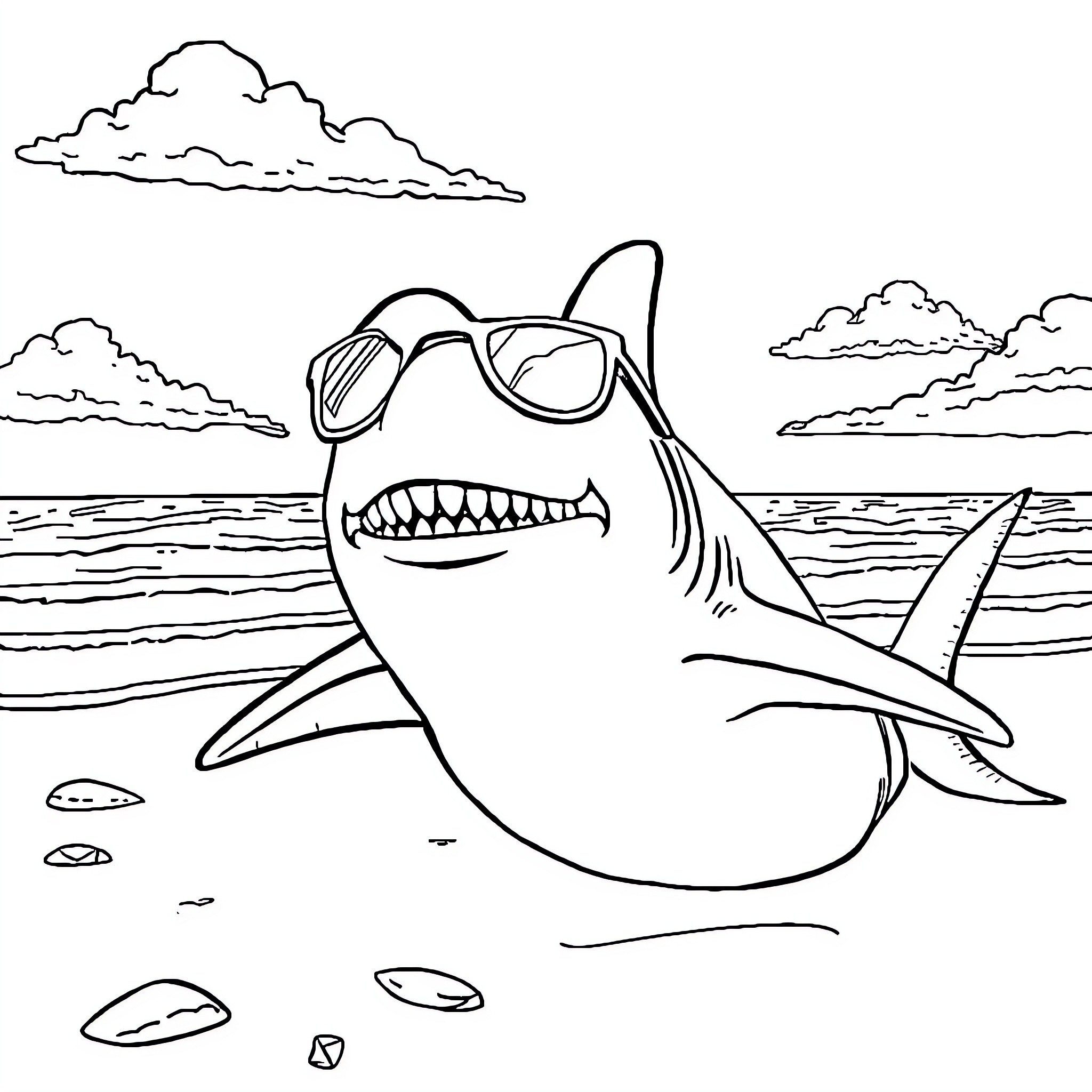 Shark wearing sunglasses on the beach Coloring Page (free black-and-white line drawing printable PDF for all, from beginners to advanced learners, including children, teens, adults, and seniors)