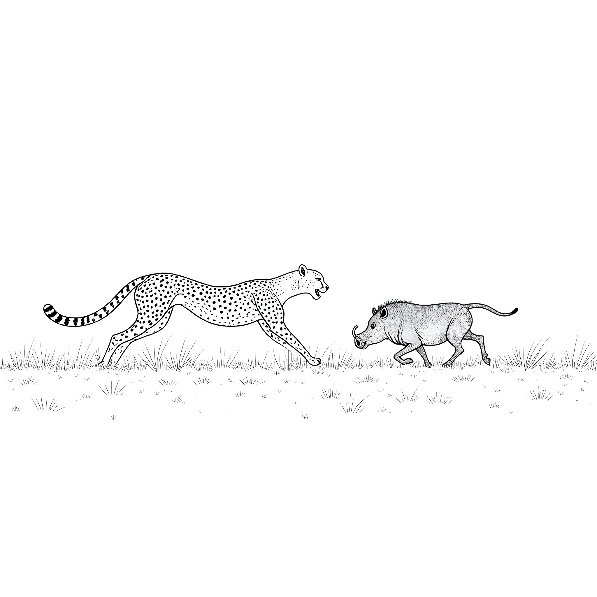 Cheetah stalking its prey in the wild Coloring Page (free black-and-white line drawing printable PDF for all, from beginners to advanced learners, including children, teens, adults, and seniors)