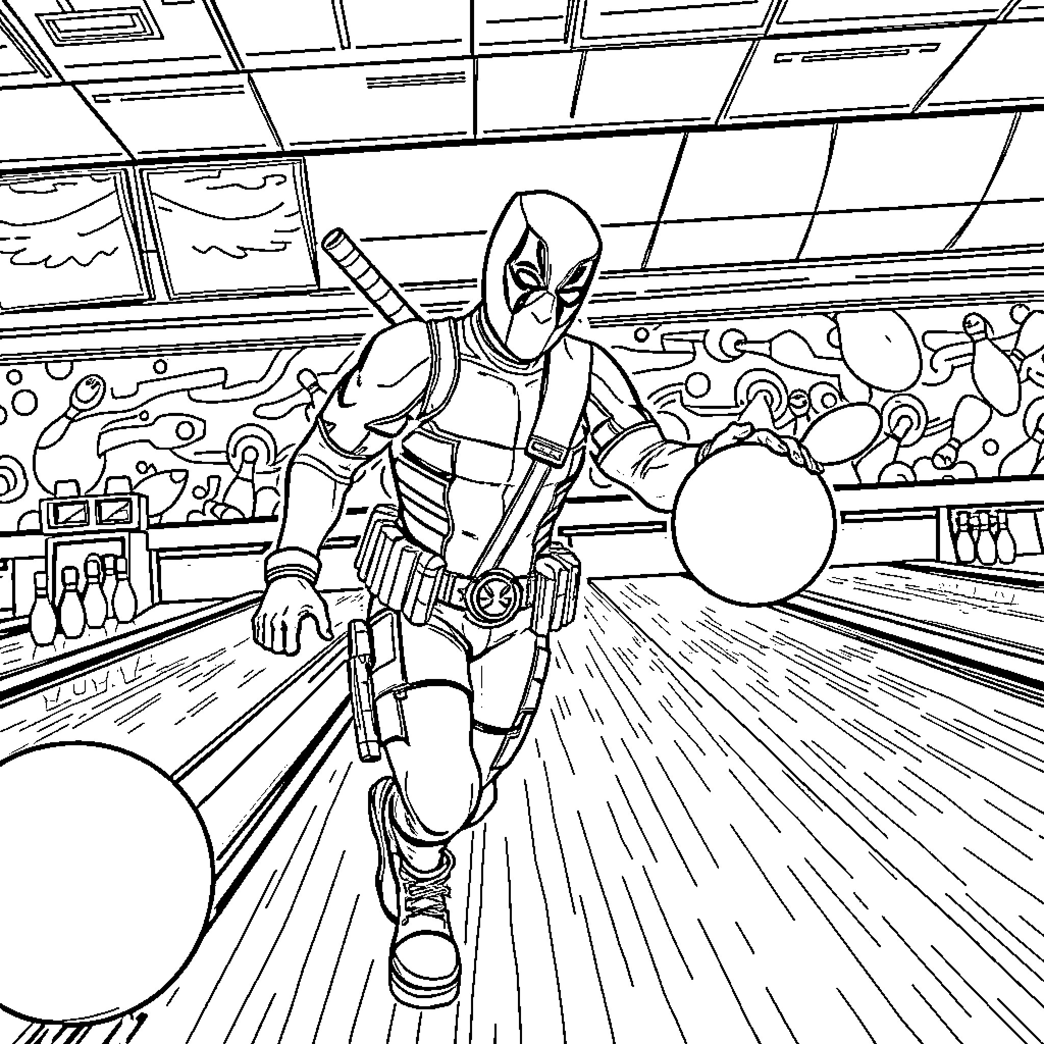 Deadpool bowling in action-packed scene Coloring Page (free black-and-white line drawing printable PDF for all, from beginners to advanced learners, including children, teens, adults, and seniors)