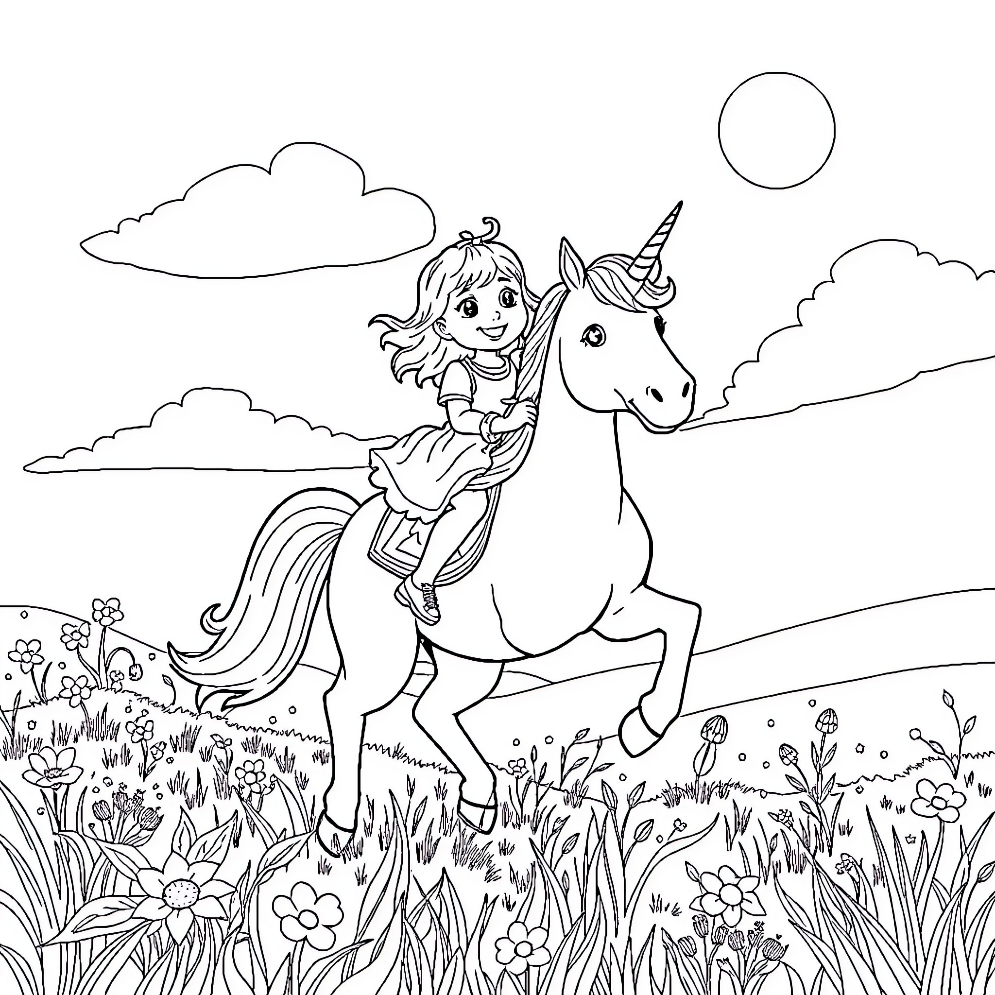Girl riding a unicorn in a magical field Coloring Page (free black-and-white line drawing printable PDF for all, from beginners to advanced learners, including children, teens, adults, and seniors)