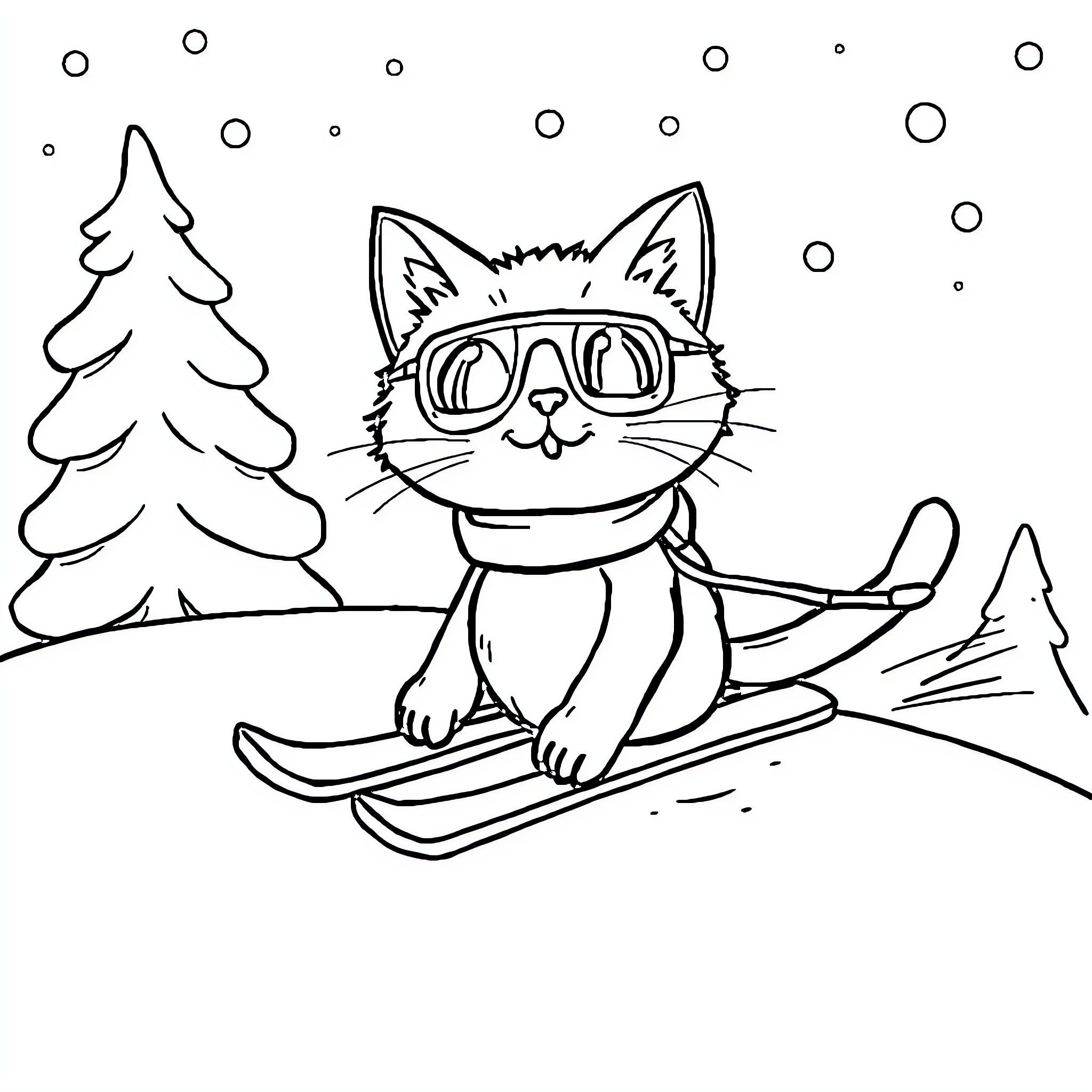 Cat skiing in winter wonderland Coloring Page (free black-and-white line drawing printable PDF for all, from beginners to advanced learners, including children, teens, adults, and seniors)