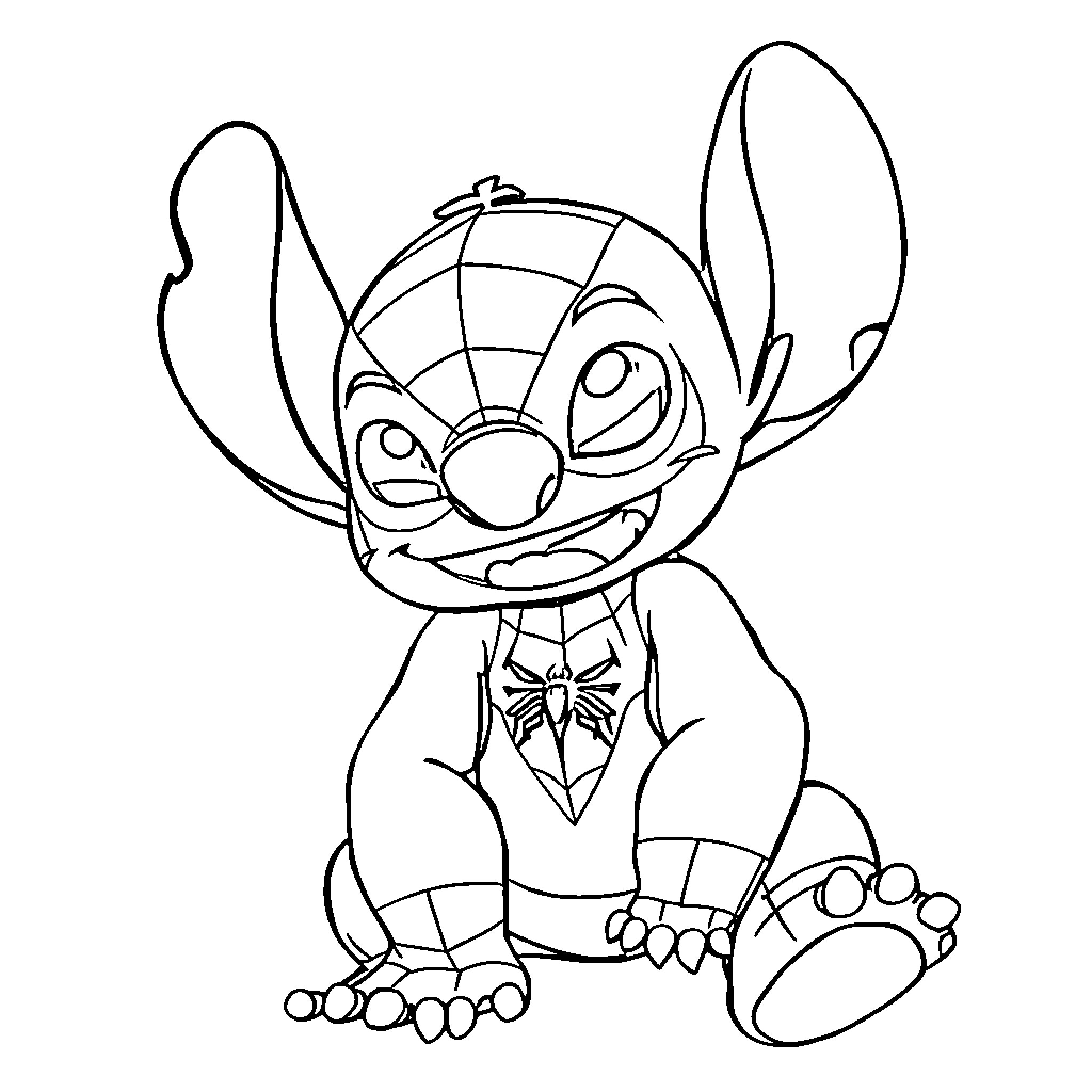 Stitch sitting and smiling playfully Coloring Page (free black-and-white line drawing printable PDF for all, from beginners to advanced learners, including children, teens, adults, and seniors)