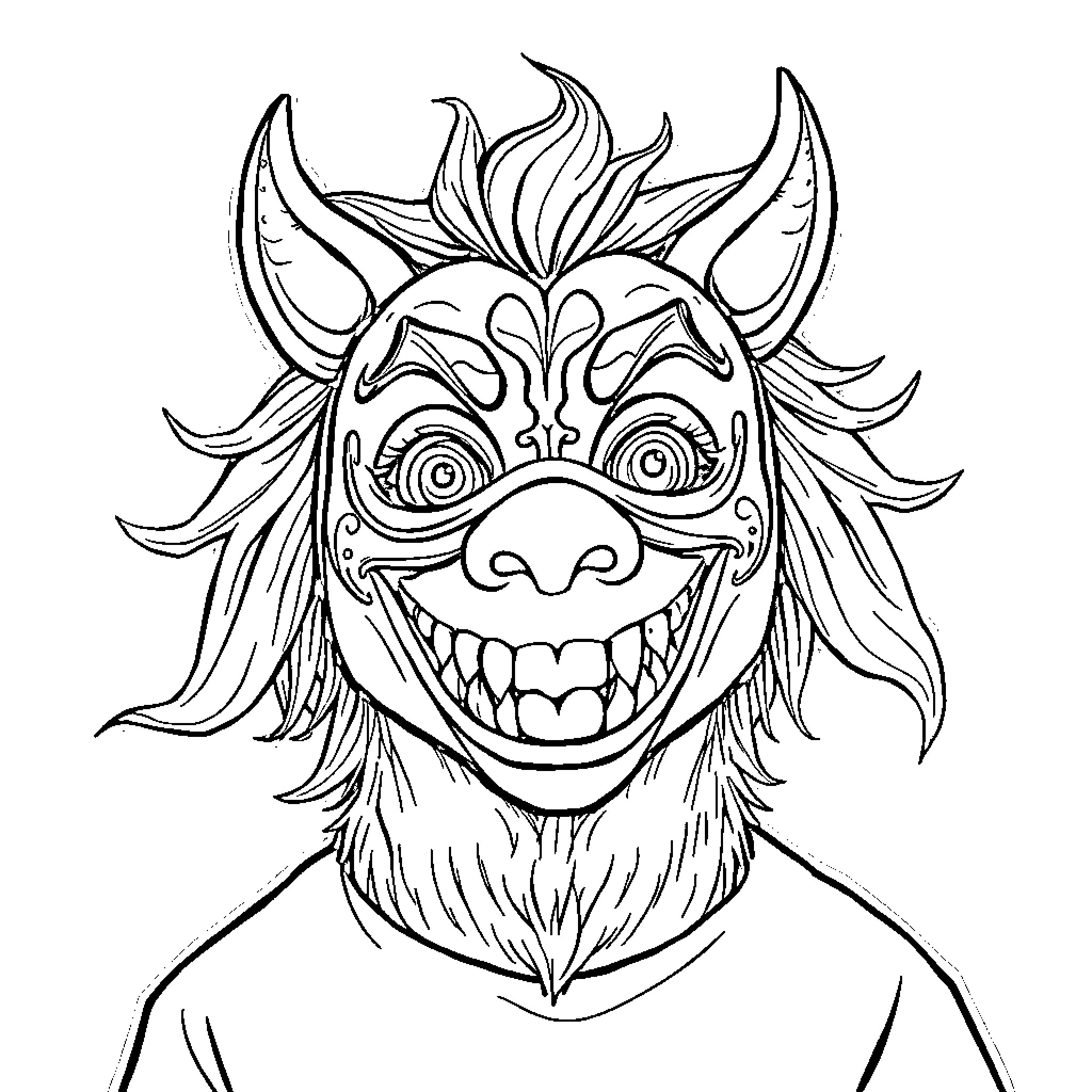 Tung's Monstrous Grin and Eccentric Mask Coloring Page (free black-and-white line drawing printable PDF for all, from beginners to advanced learners, including children, teens, adults, and seniors)