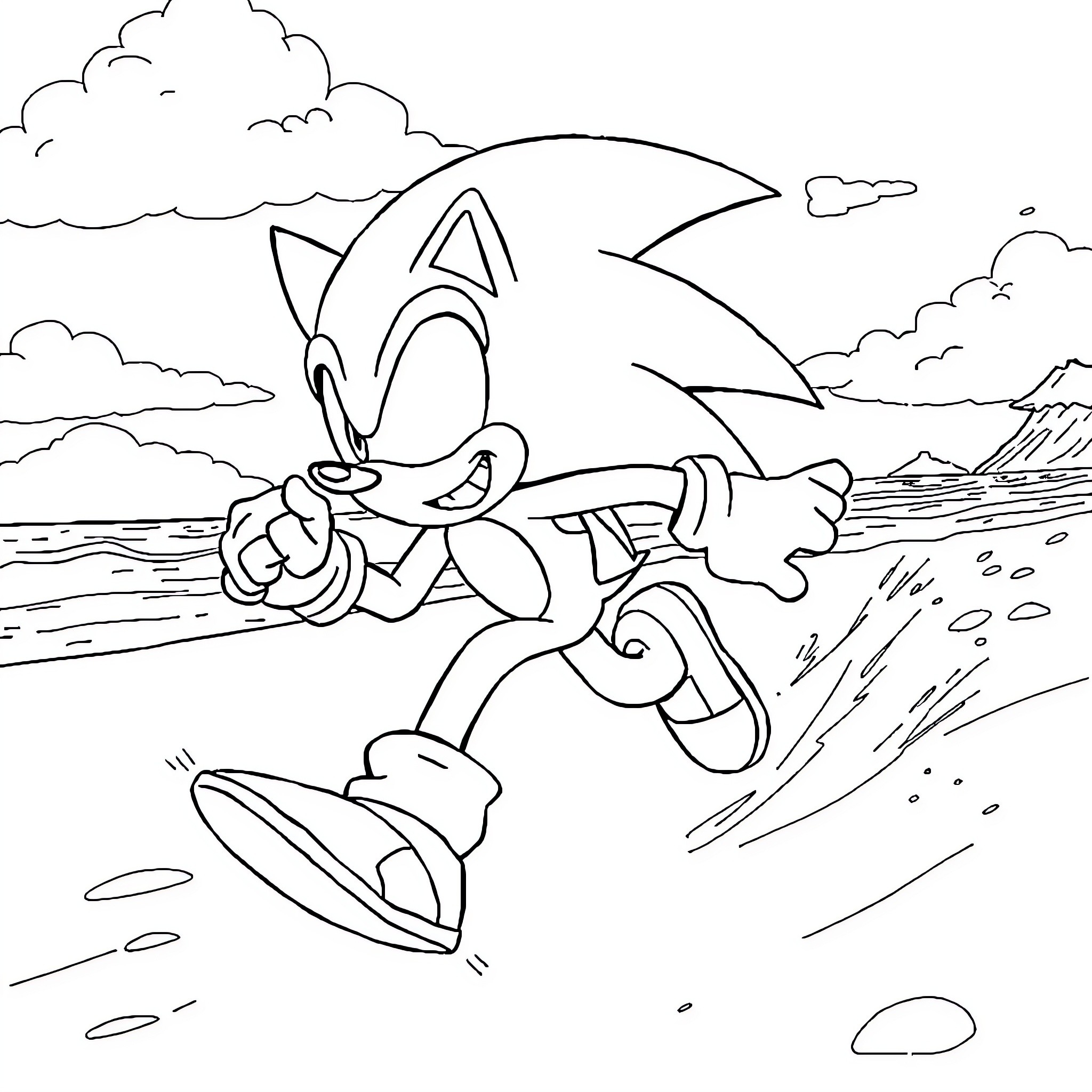 Sonic running swiftly through the scenic landscape Coloring Page (free black-and-white line drawing printable PDF for all, from beginners to advanced learners, including children, teens, adults, and seniors)