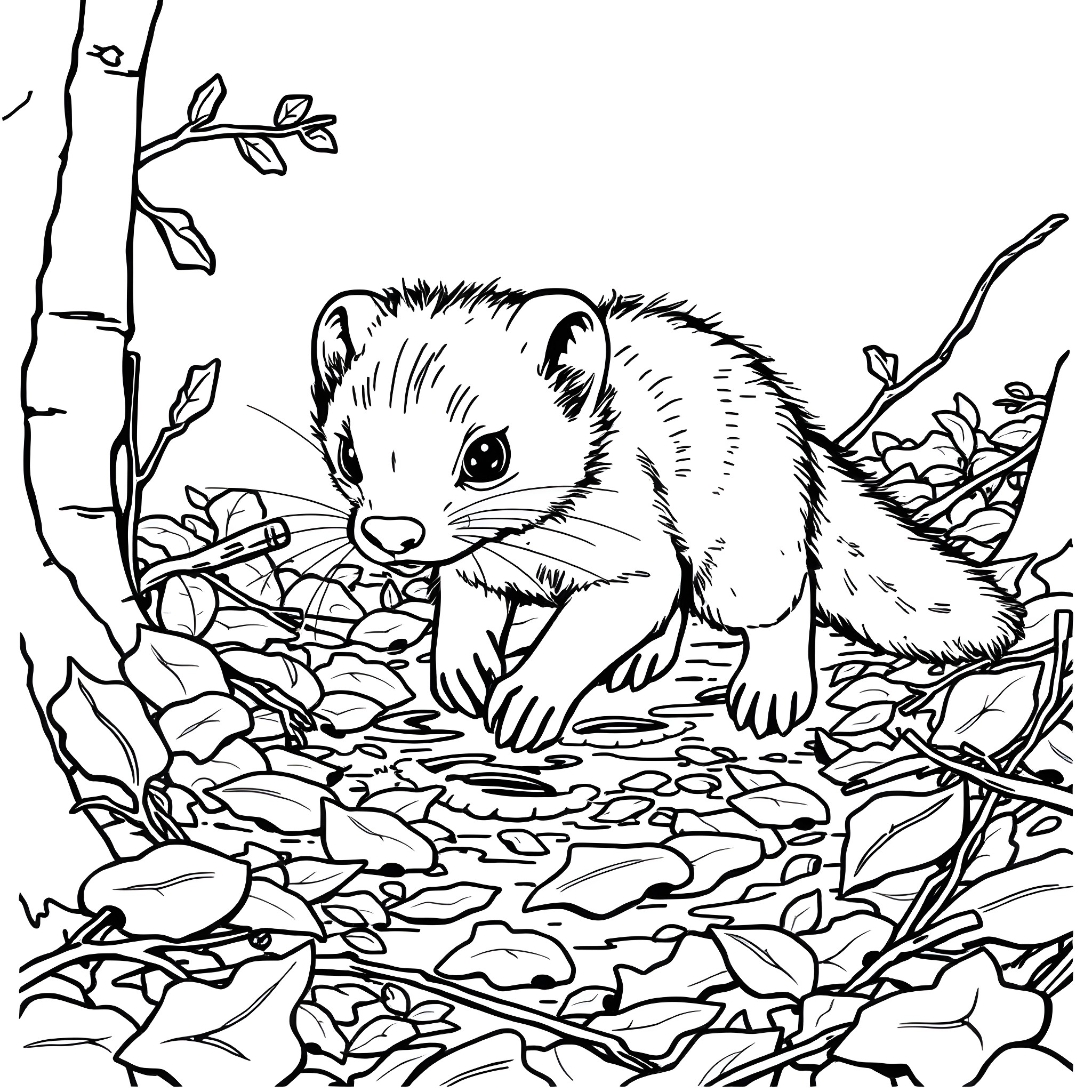 Weasel exploring the forest floor Coloring Page (free black-and-white line drawing printable PDF for all, from beginners to advanced learners, including children, teens, adults, and seniors)