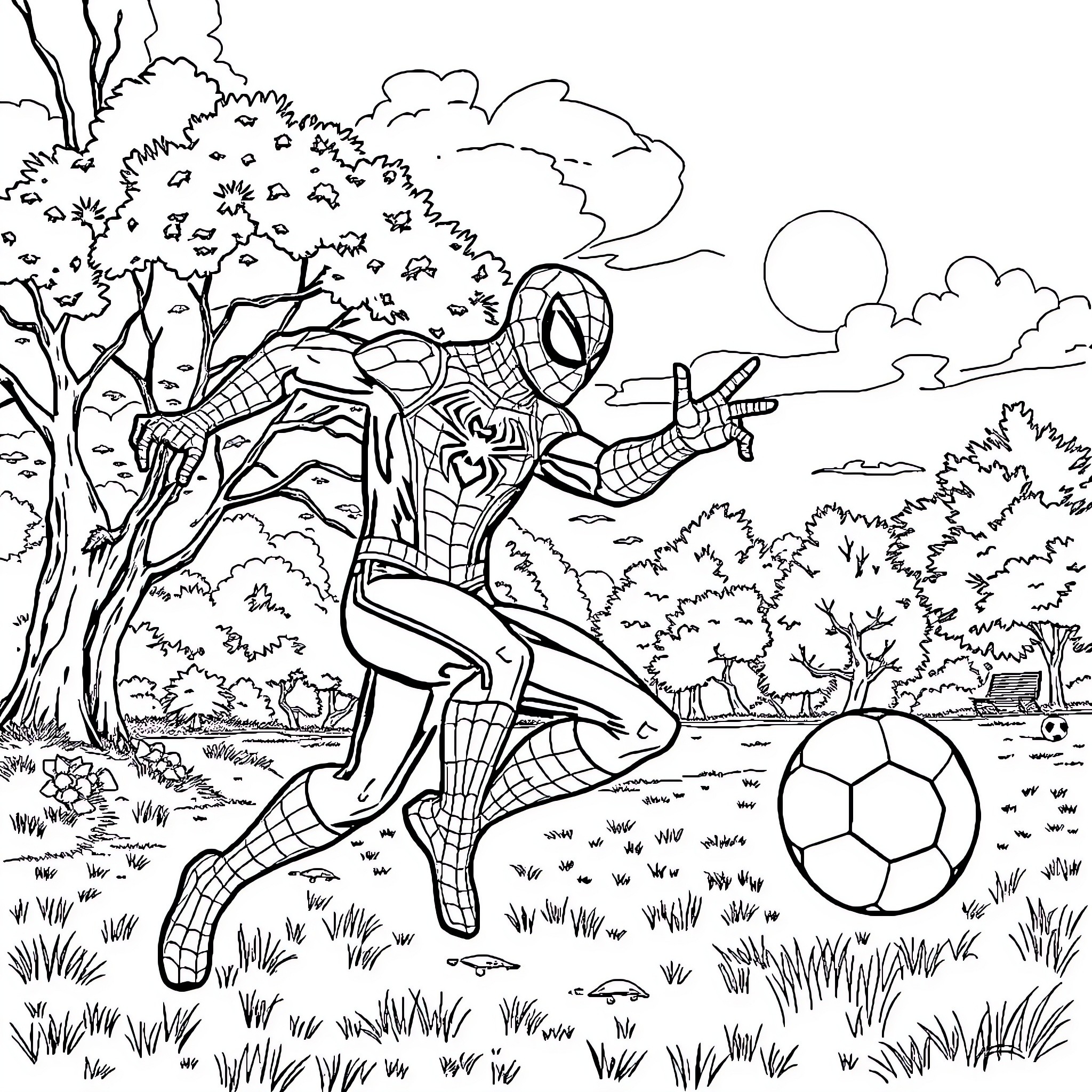 Spiderman playing soccer in the park Coloring Page (free black-and-white line drawing printable PDF for all, from beginners to advanced learners, including children, teens, adults, and seniors)