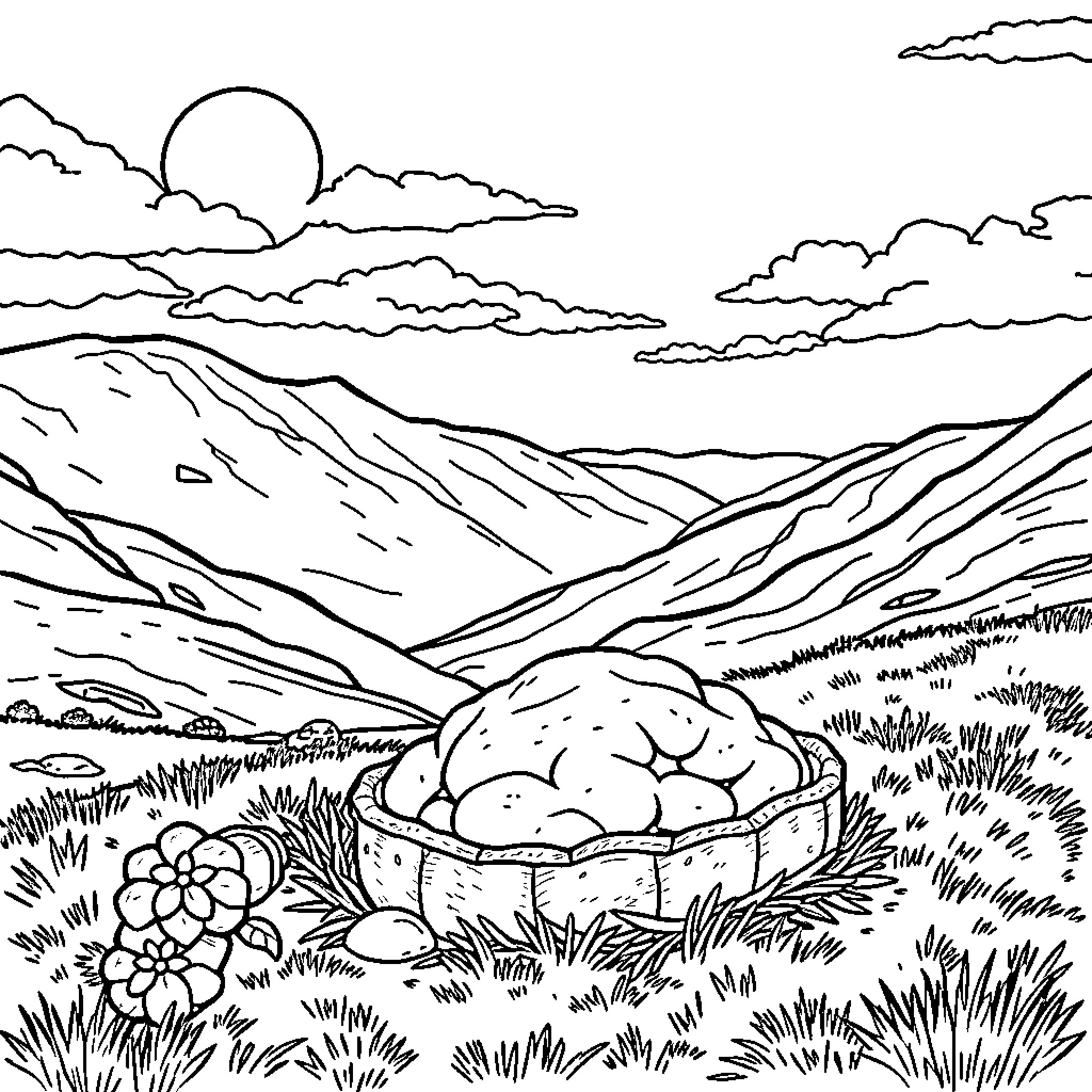 Haggis in the tranquil mountain landscape Coloring Page (free black-and-white line drawing printable PDF for all, from beginners to advanced learners, including children, teens, adults, and seniors)