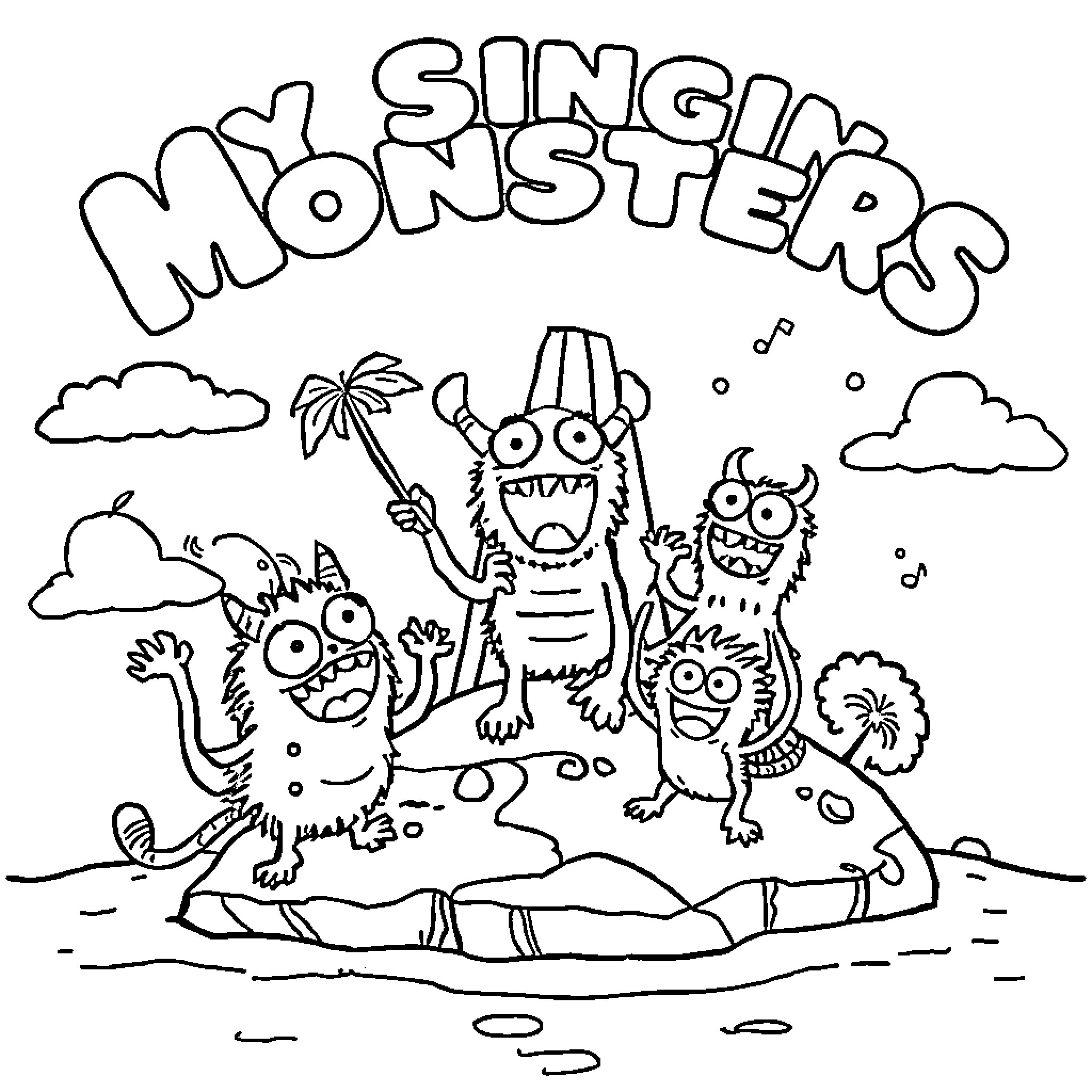 Monster Singing Happily on the Beach Coloring Page (free black-and-white line drawing printable PDF for all, from beginners to advanced learners, including children, teens, adults, and seniors)