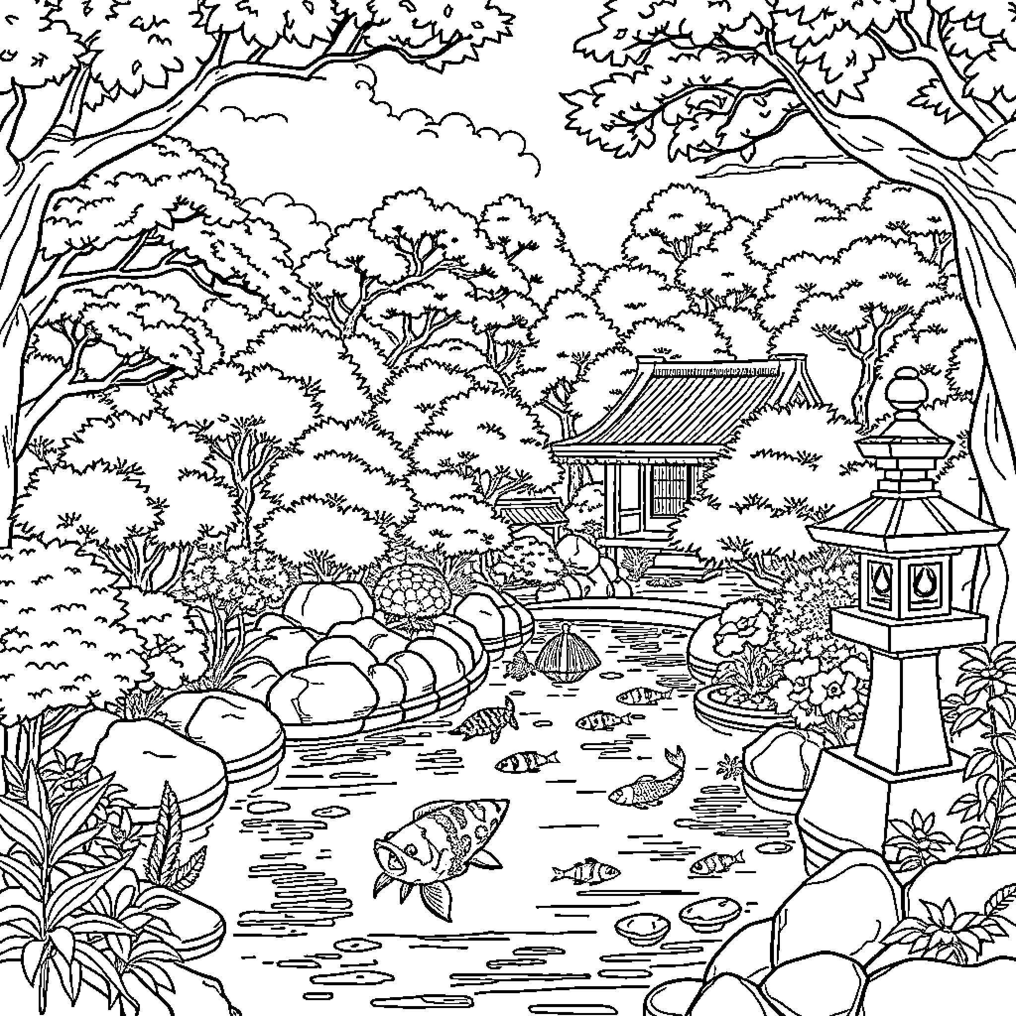 Garden Filled with Tranquil Scenery and Oriental Elements Coloring Page (free black-and-white line drawing printable PDF for all, from beginners to advanced learners, including children, teens, adults, and seniors)