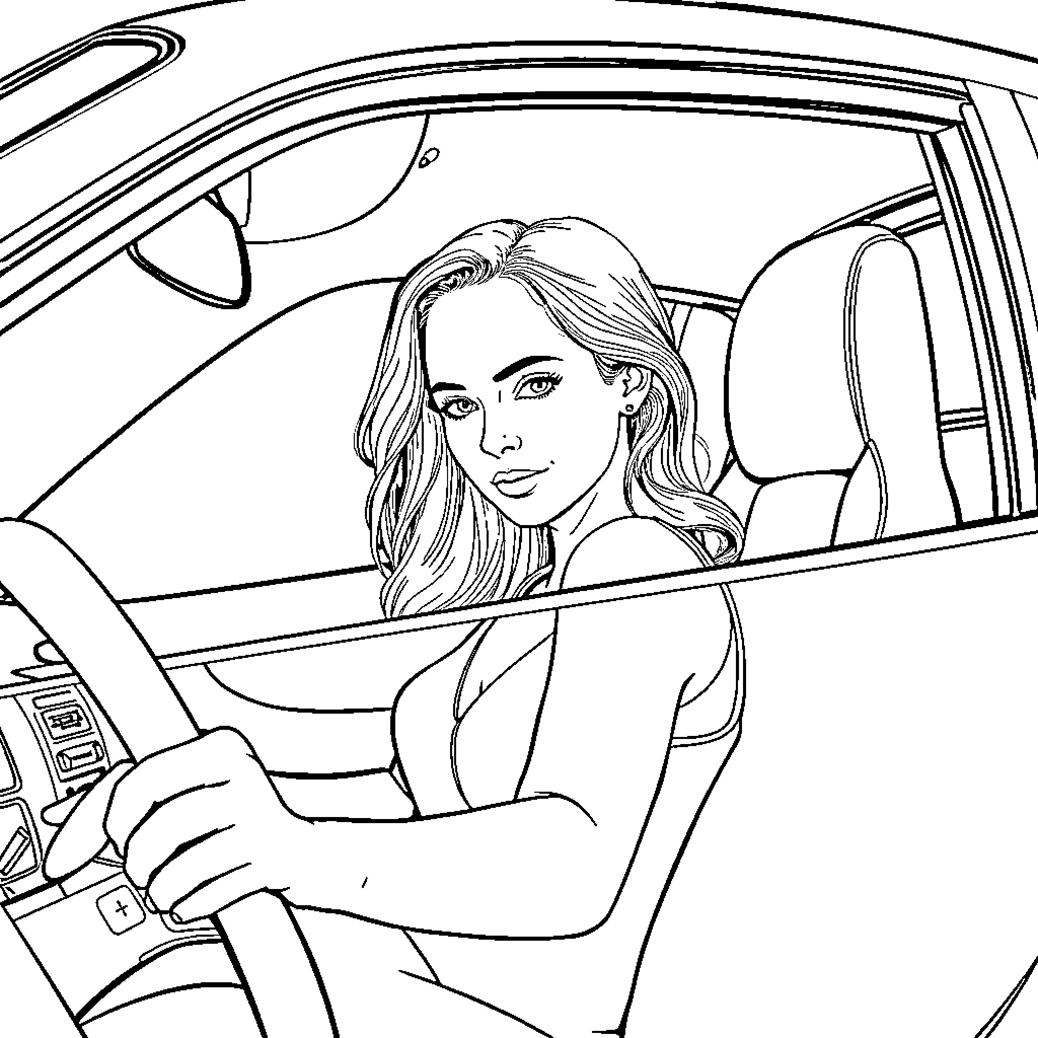 Natalie Portman driving a car with serious expression Coloring Page (free black-and-white line drawing printable PDF for all, from beginners to advanced learners, including children, teens, adults, and seniors)