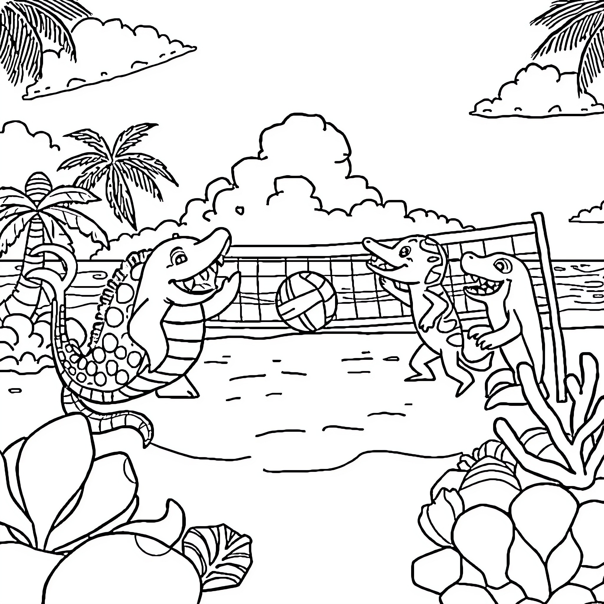 Sea Animals Playing Volleyball on the Beach Coloring Page (free black-and-white line drawing printable PDF for all, from beginners to advanced learners, including children, teens, adults, and seniors)