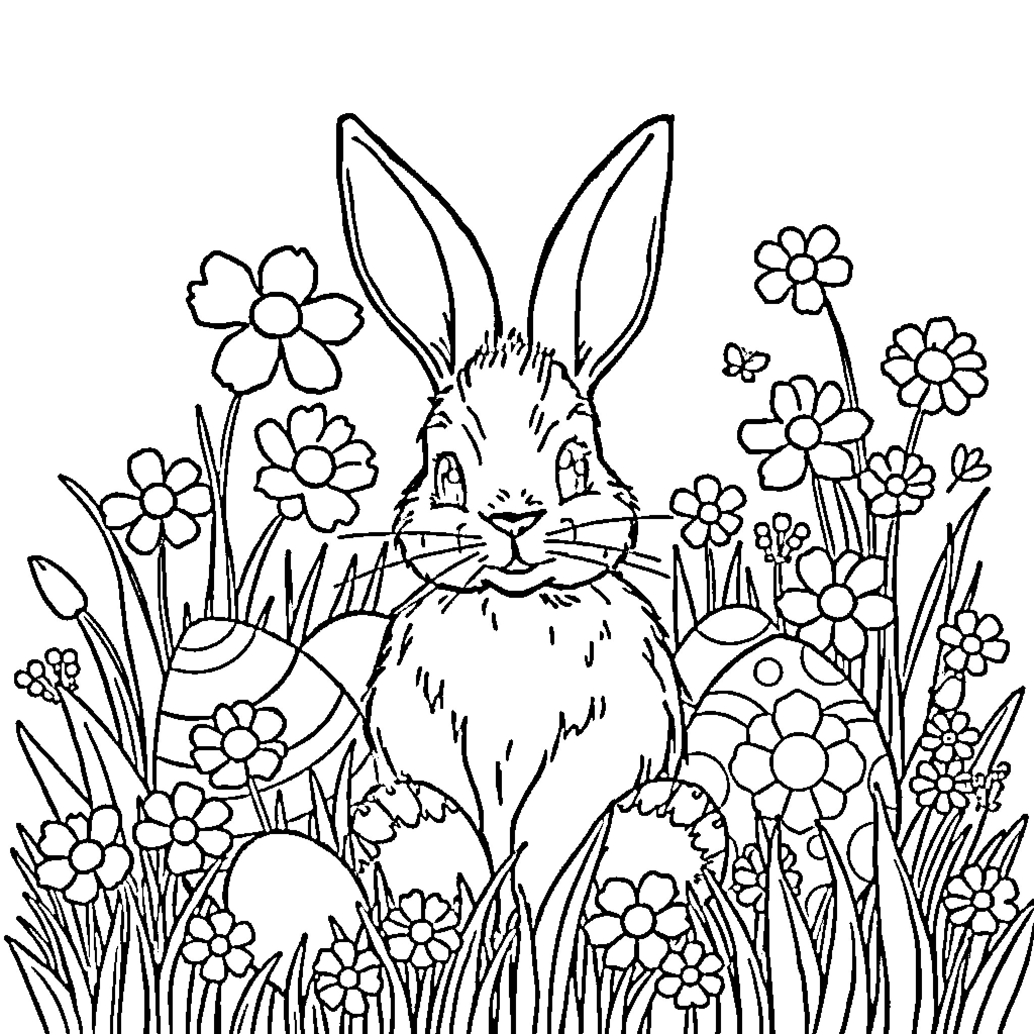 Rabbit in flower garden Coloring Page (free black-and-white line drawing printable PDF for all, from beginners to advanced learners, including children, teens, adults, and seniors)