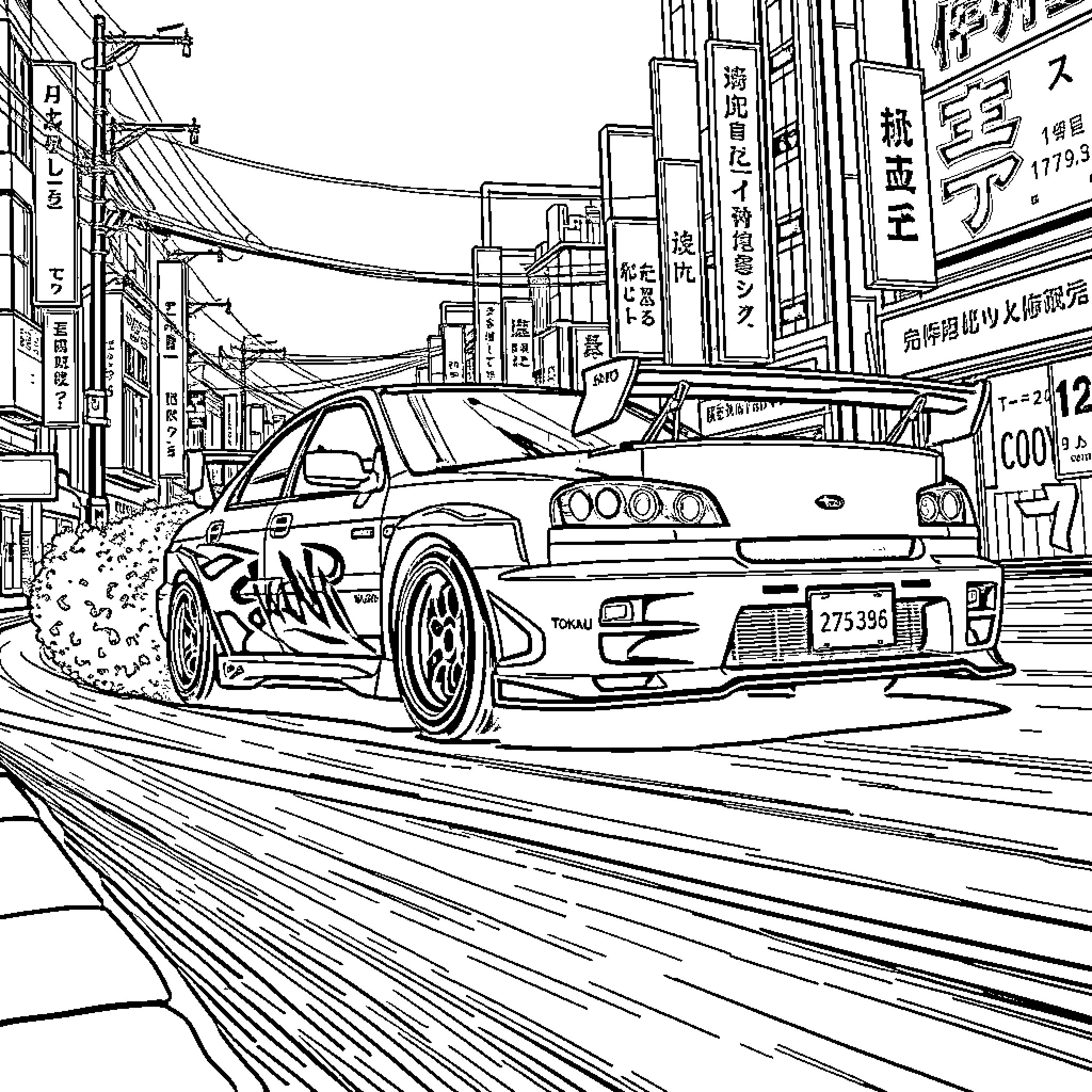 Subaru sports car racing through the city streets Coloring Page (free black-and-white line drawing printable PDF for all, from beginners to advanced learners, including children, teens, adults, and seniors)