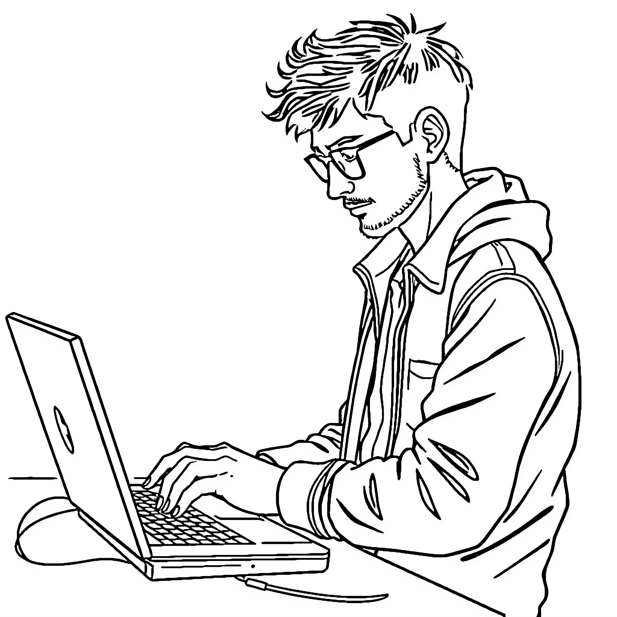 Informaticien working diligently on laptop Coloring Page (free black-and-white line drawing printable PDF for all, from beginners to advanced learners, including children, teens, adults, and seniors)