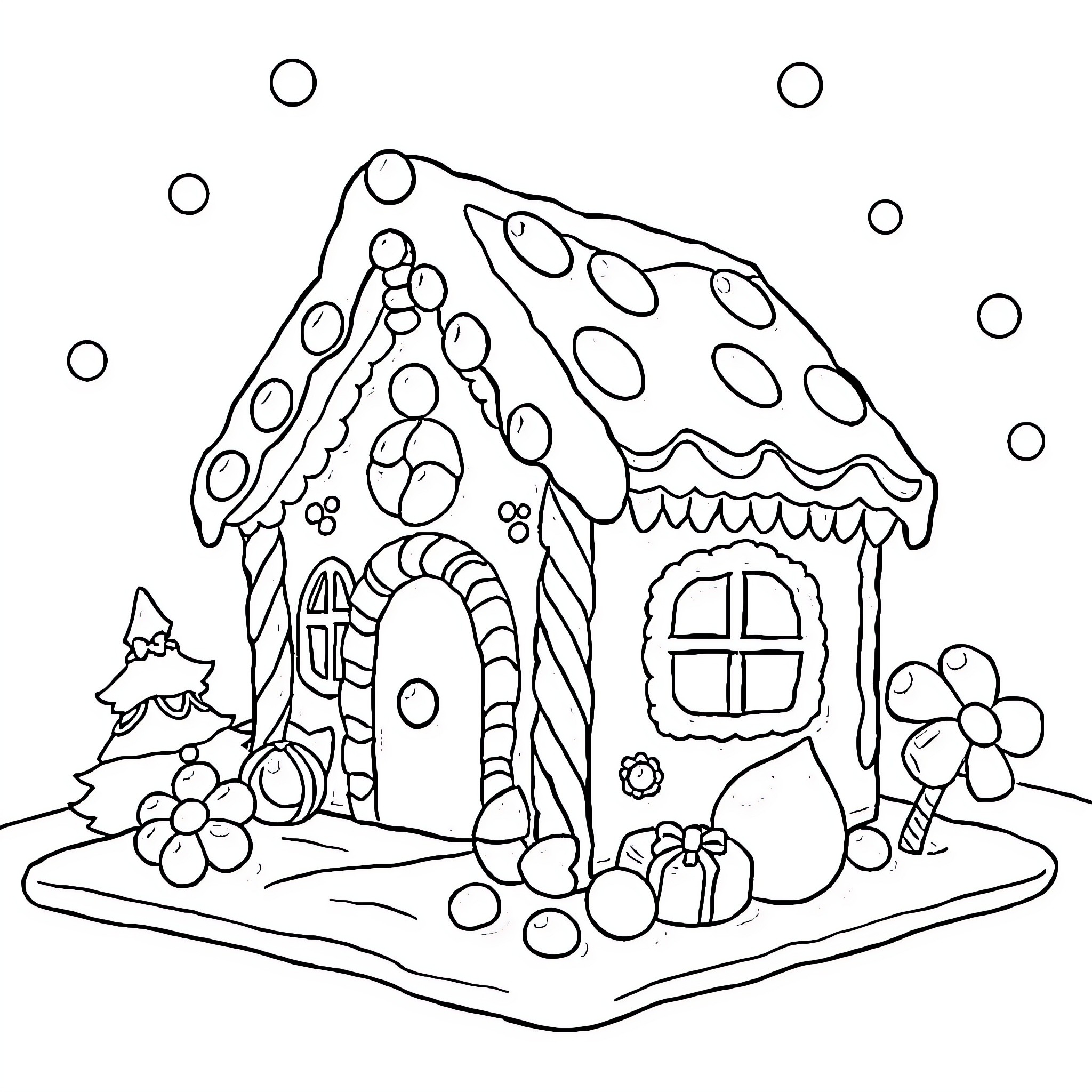 Gingerbread House with Whimsical Decorations Coloring Page (free black-and-white line drawing printable PDF for all, from beginners to advanced learners, including children, teens, adults, and seniors)