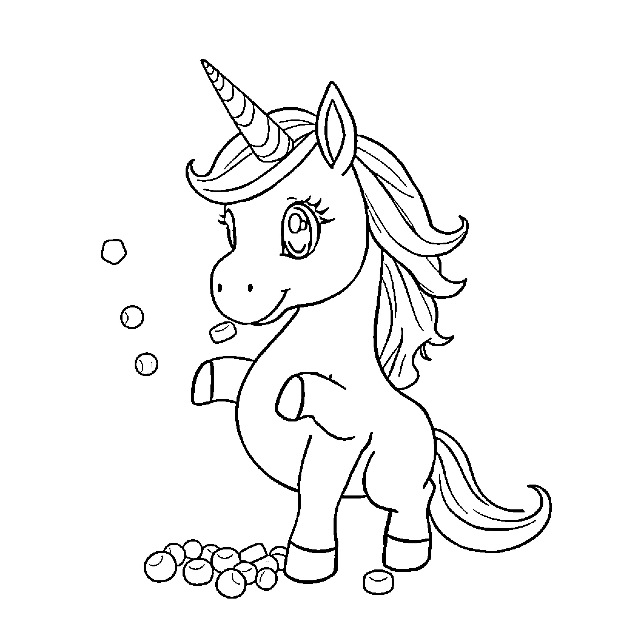 Unicorn playing with bubbles on the grass Coloring Page (free black-and-white line drawing printable PDF for all, from beginners to advanced learners, including children, teens, adults, and seniors)