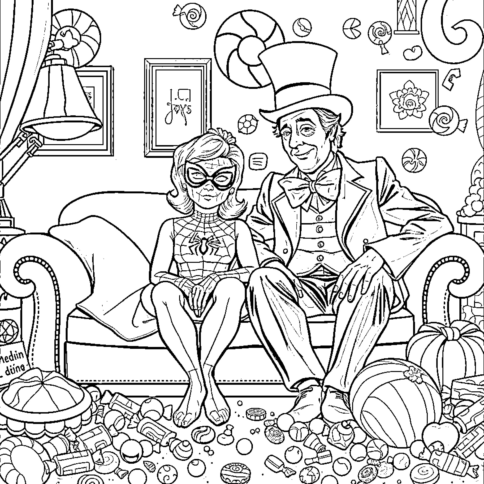 Peter Parker and the Mad Hatter's Whimsical Adventure Coloring Page (free black-and-white line drawing printable PDF for all, from beginners to advanced learners, including children, teens, adults, and seniors)