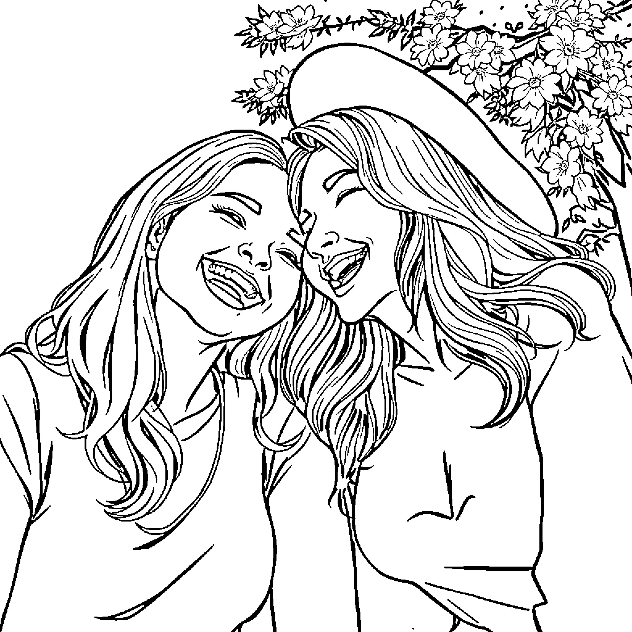 Girl embracing joyfully amidst floral surroundings Coloring Page (free black-and-white line drawing printable PDF for all, from beginners to advanced learners, including children, teens, adults, and seniors)