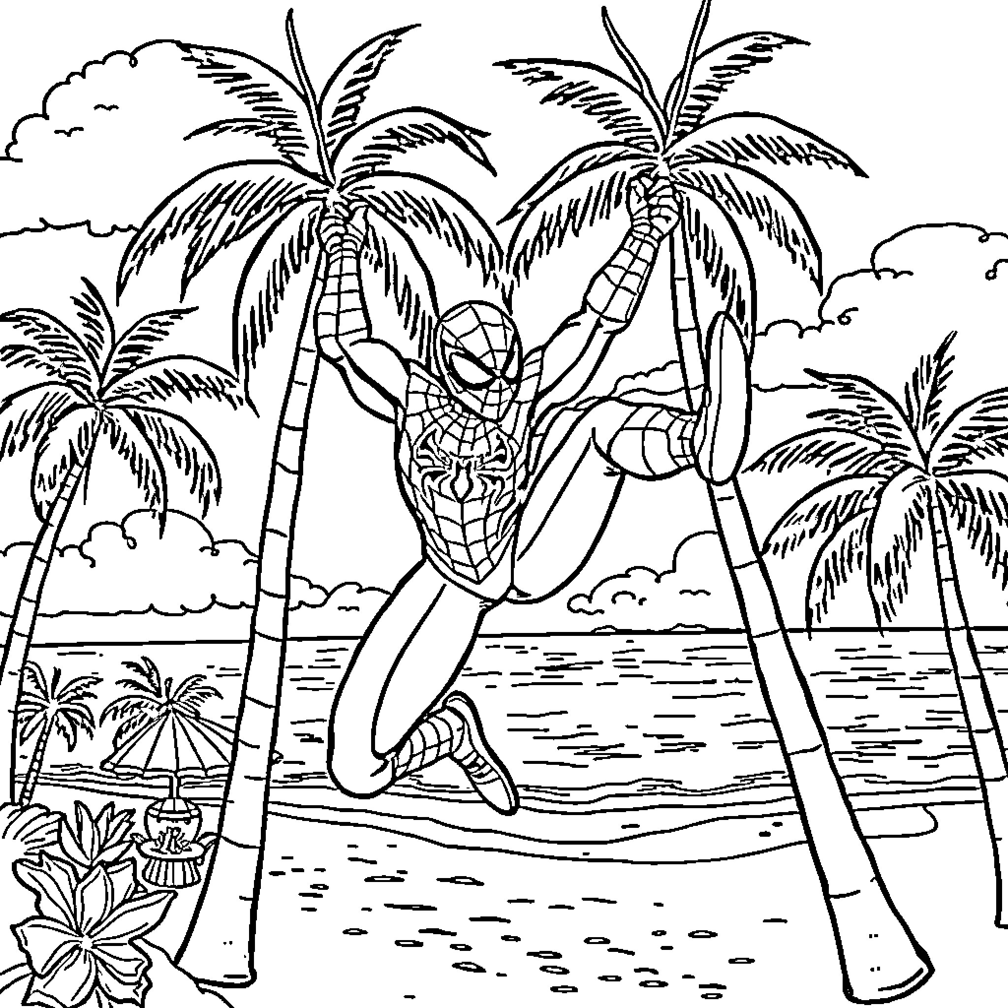 Spiderman swinging through tropical paradise Coloring Page (free black-and-white line drawing printable PDF for all, from beginners to advanced learners, including children, teens, adults, and seniors)