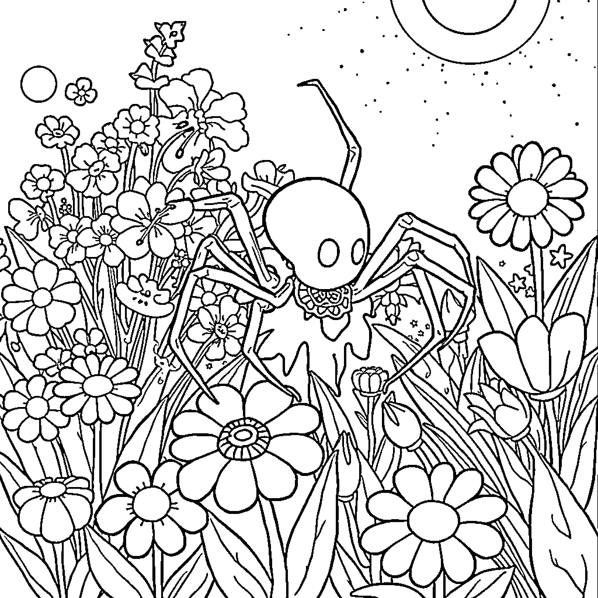 Spider among colorful flowers and nature Coloring Page (free black-and-white line drawing printable PDF for all, from beginners to advanced learners, including children, teens, adults, and seniors)