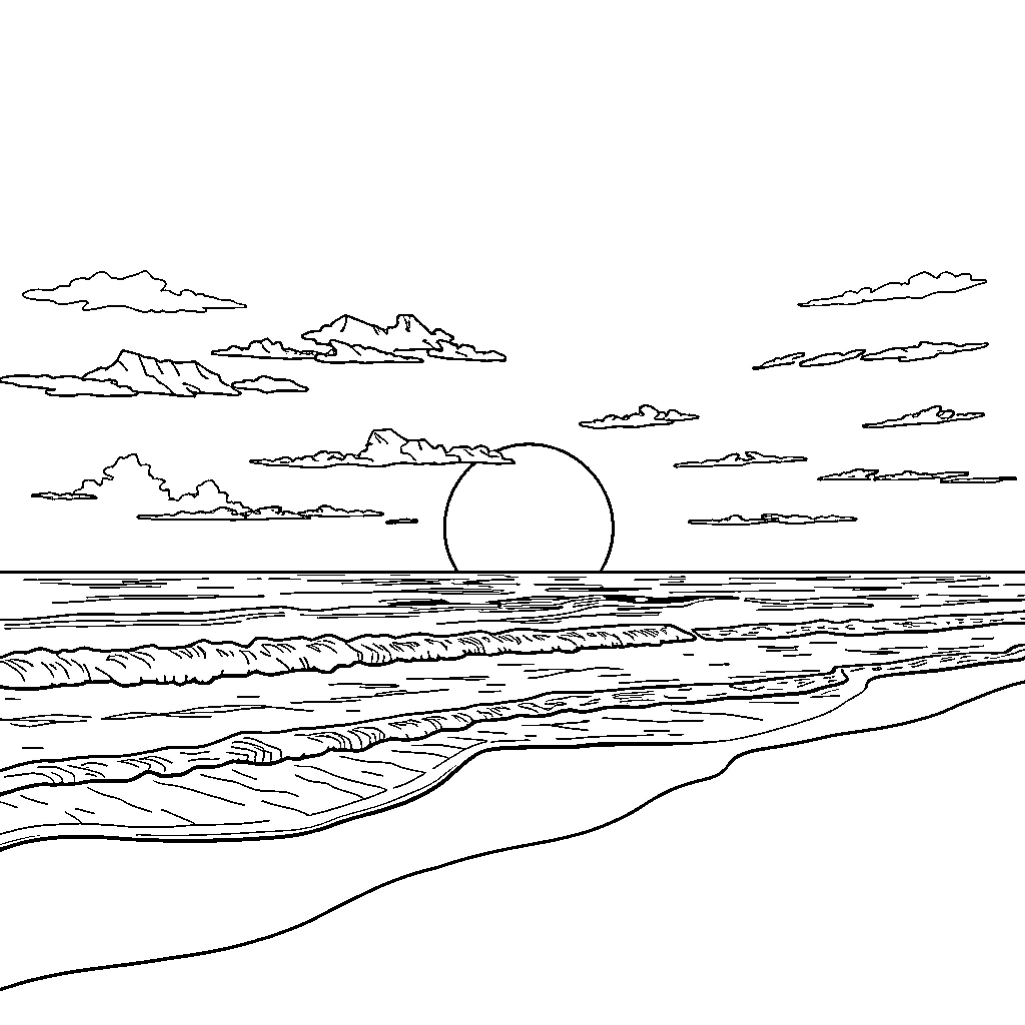 Sunset over the serene ocean horizon Coloring Page (free black-and-white line drawing printable PDF for all, from beginners to advanced learners, including children, teens, adults, and seniors)