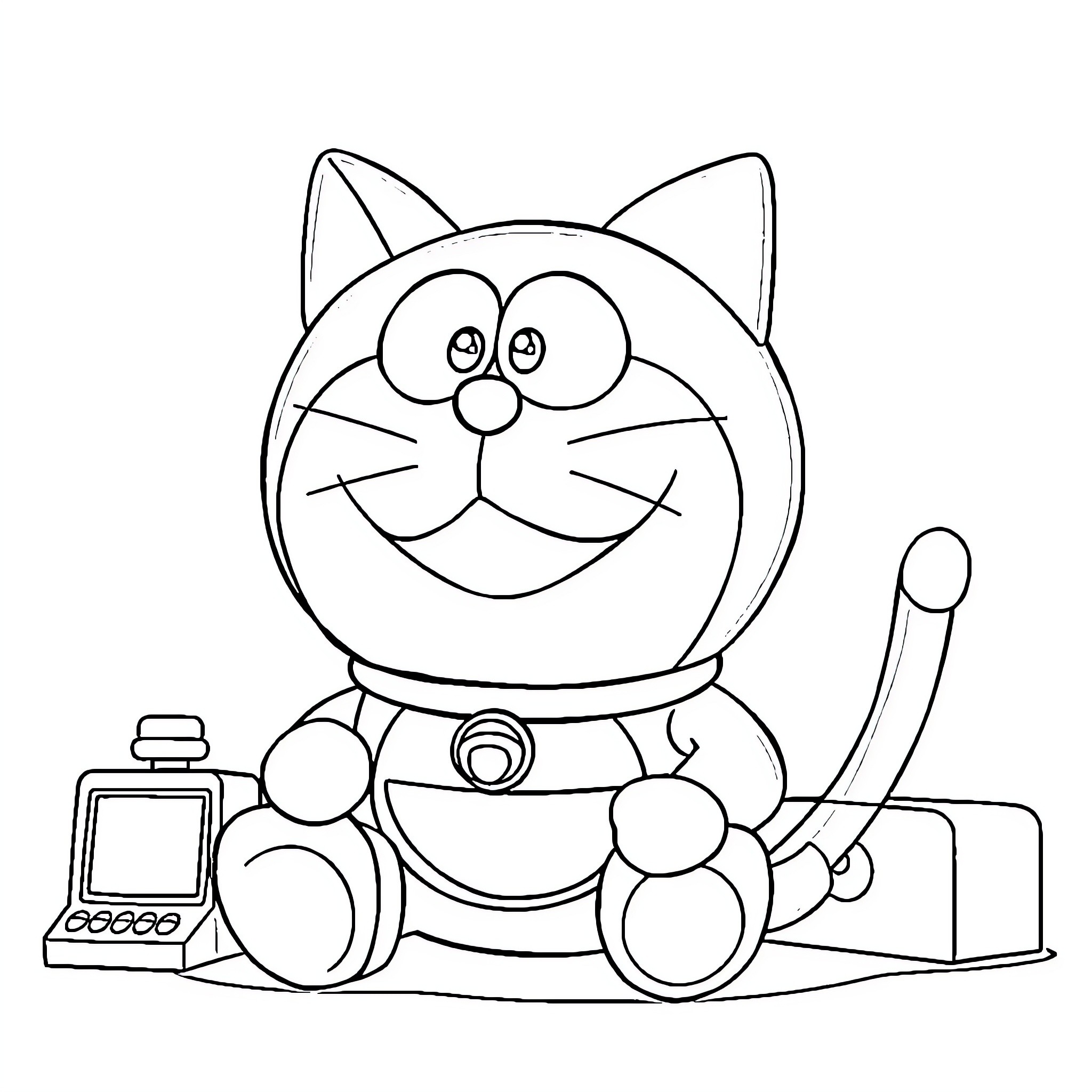 Doraemon playing with gadgets and devices Coloring Page (free black-and-white line drawing printable PDF for all, from beginners to advanced learners, including children, teens, adults, and seniors)