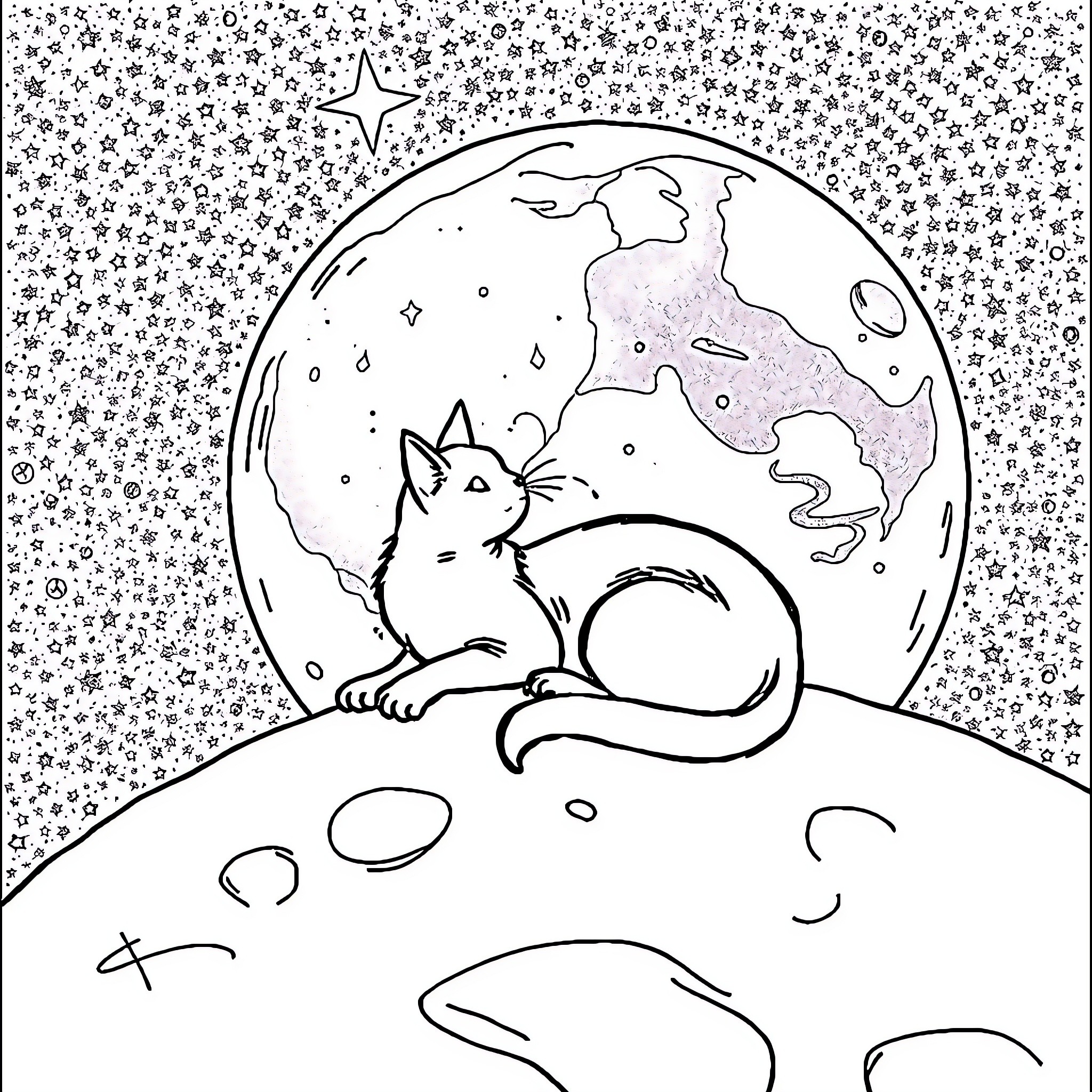 Cat observing the night sky on the moon Coloring Page (free black-and-white line drawing printable PDF for all, from beginners to advanced learners, including children, teens, adults, and seniors)