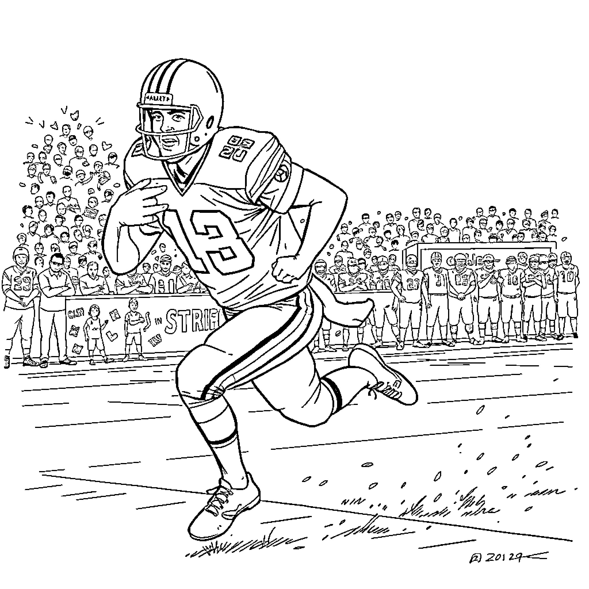 Chip Kelly leading football team on the field Coloring Page (free black-and-white line drawing printable PDF for all, from beginners to advanced learners, including children, teens, adults, and seniors)