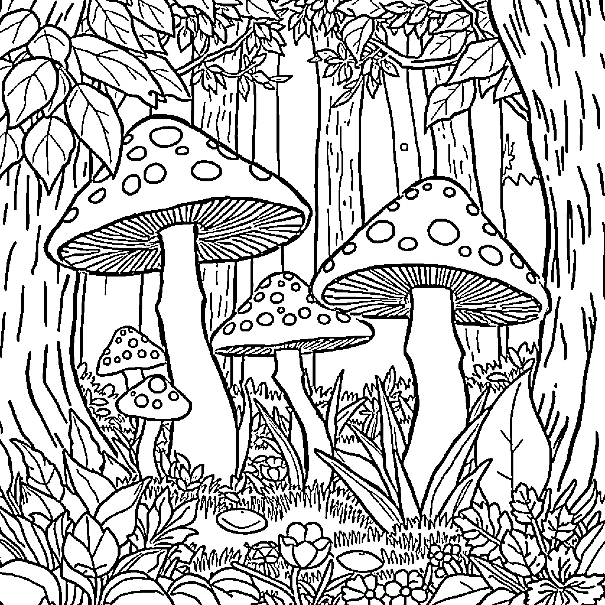 Mushroom forest scene with whimsical fungi Coloring Page (free black-and-white line drawing printable PDF for all, from beginners to advanced learners, including children, teens, adults, and seniors)