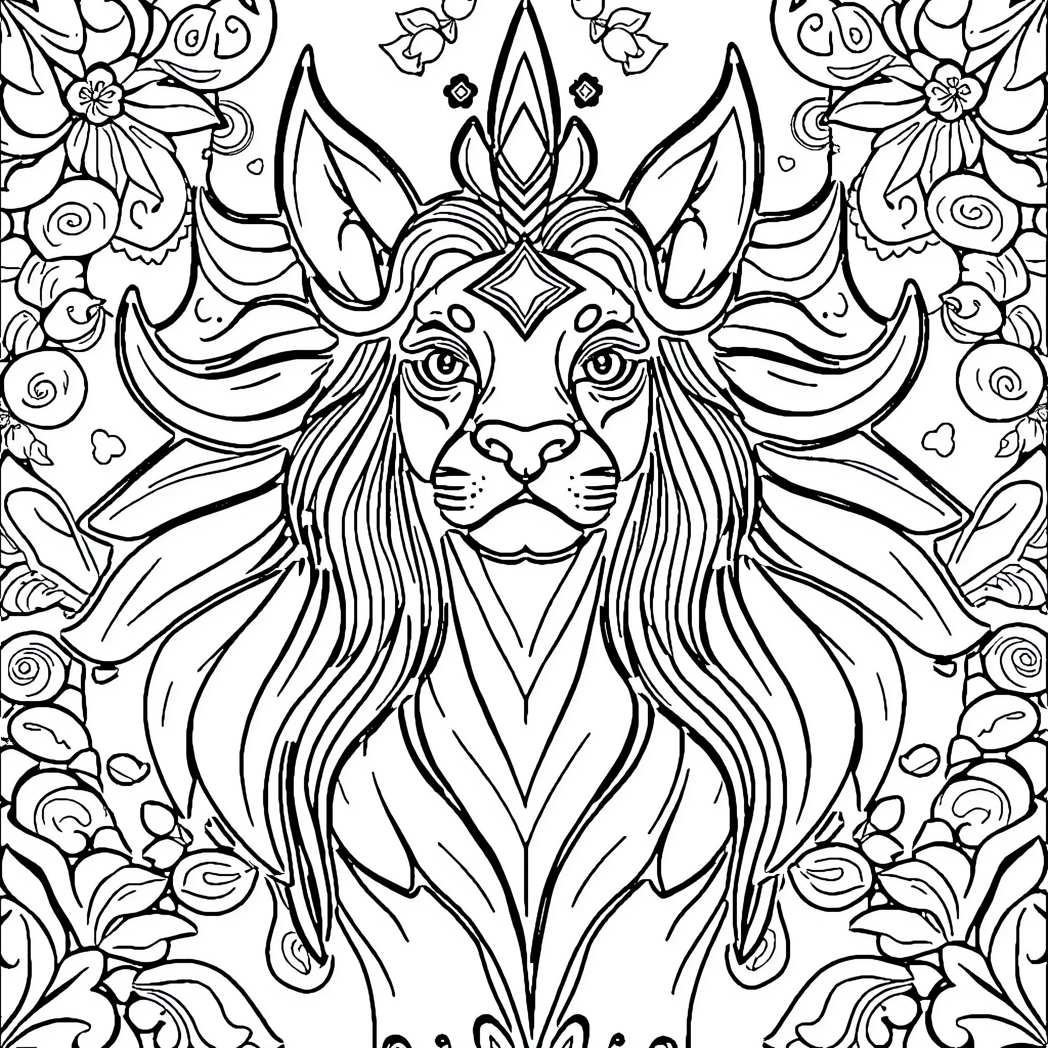 Line Art of a Majestic Lion Surrounded by Floral Patterns Coloring Page (free black-and-white line drawing printable PDF for all, from beginners to advanced learners, including children, teens, adults, and seniors)