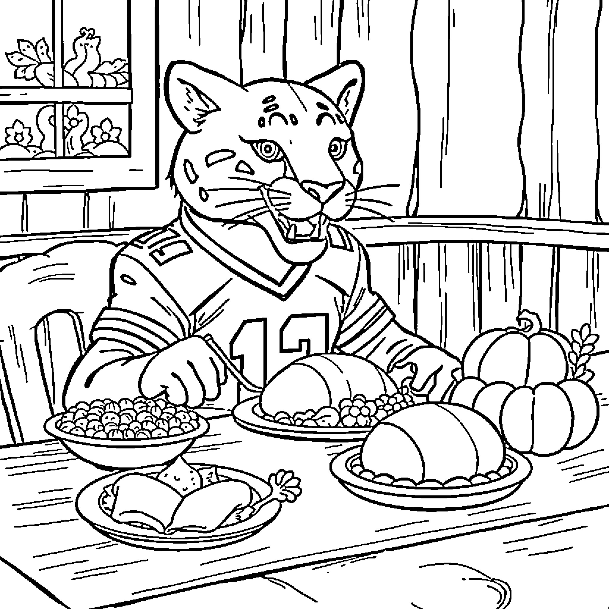 Cougar enjoys a hearty Thanksgiving feast Coloring Page (free black-and-white line drawing printable PDF for all, from beginners to advanced learners, including children, teens, adults, and seniors)