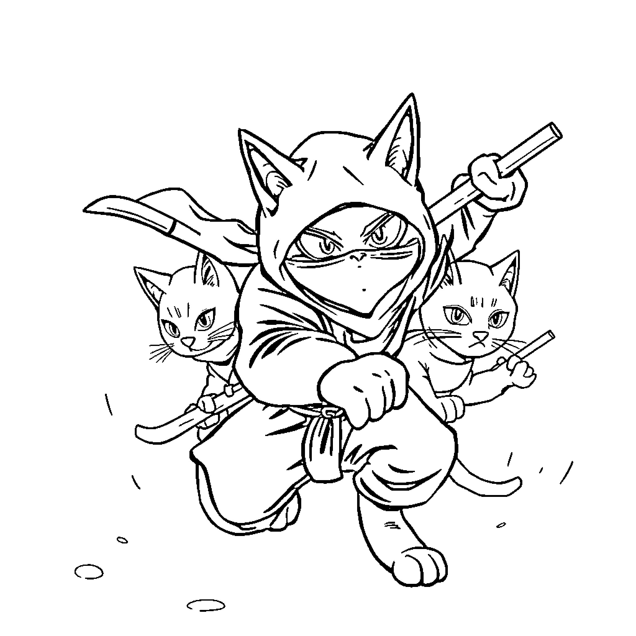 Ninja Cats on a Mission Coloring Page (free black-and-white line drawing printable PDF for all, from beginners to advanced learners, including children, teens, adults, and seniors)