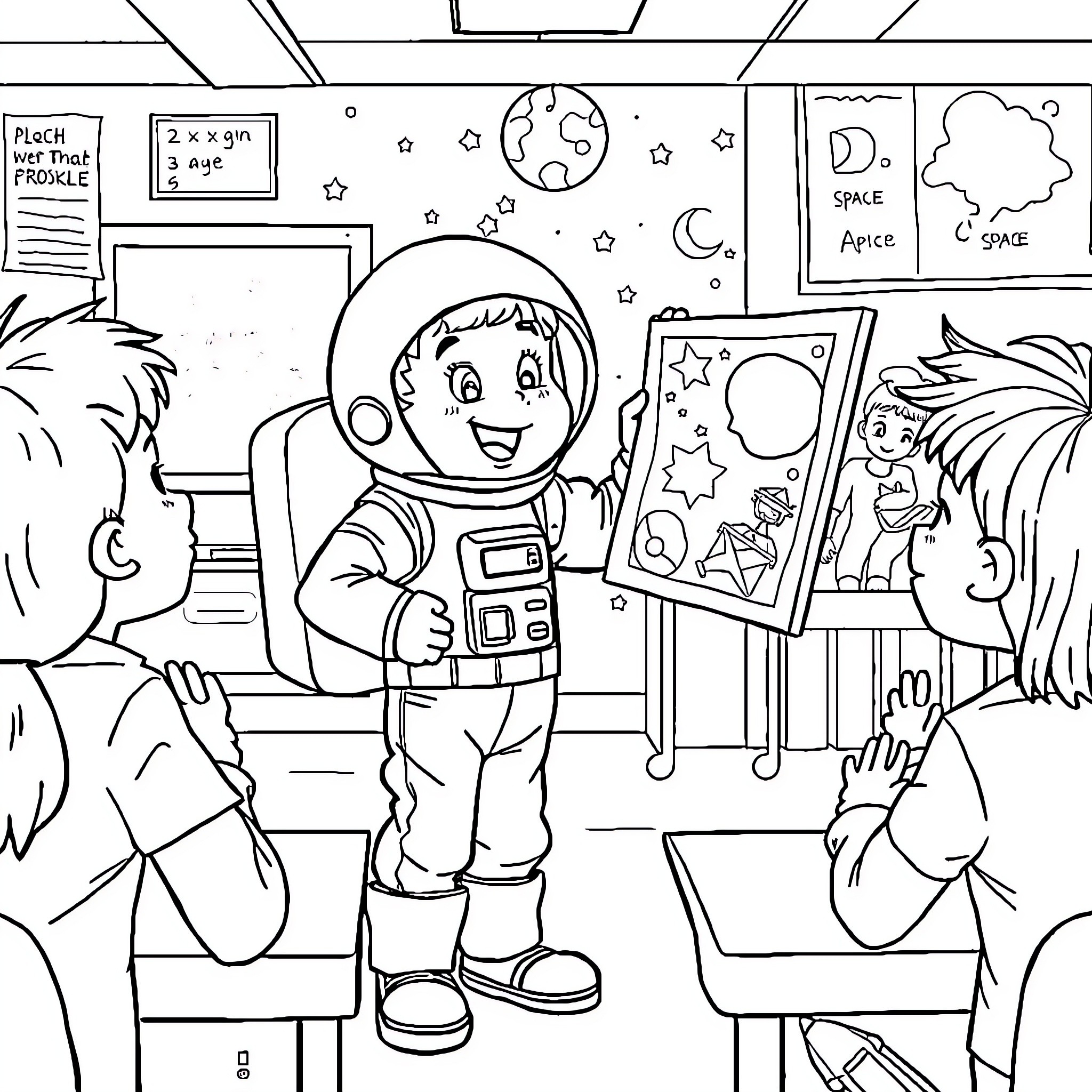Astronaut Presenting Space Exploration in Classroom Coloring Page (free black-and-white line drawing printable PDF for all, from beginners to advanced learners, including children, teens, adults, and seniors)