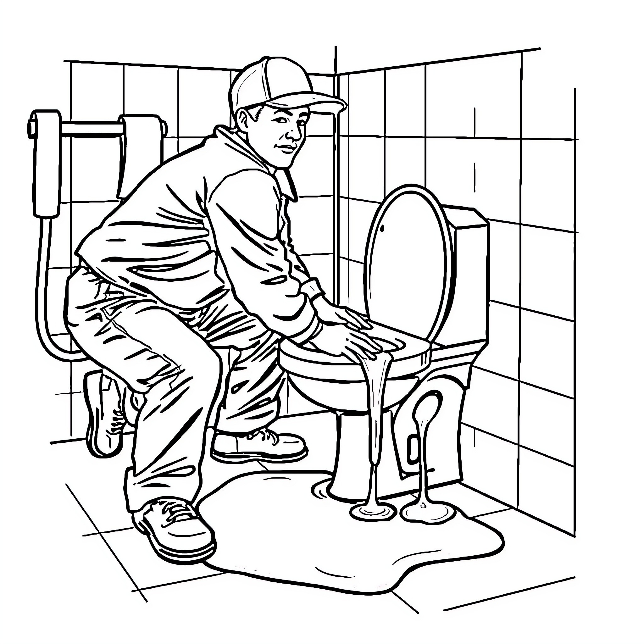 Plumber working diligently in the bathroom Coloring Page (free black-and-white line drawing printable PDF for all, from beginners to advanced learners, including children, teens, adults, and seniors)