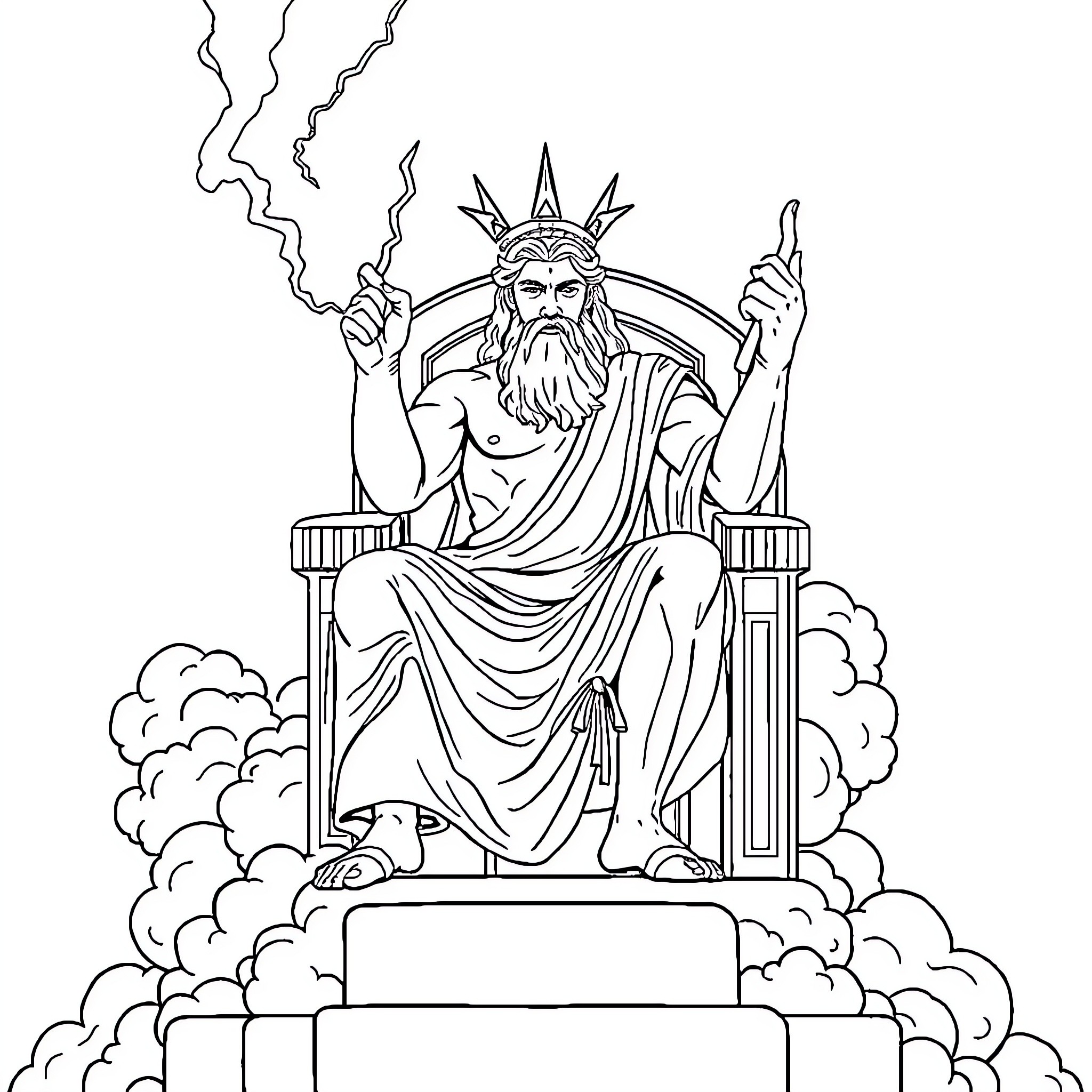 Zeus wielding lightning bolts on his throne in the clouds Coloring Page (free black-and-white line drawing printable PDF for all, from beginners to advanced learners, including children, teens, adults, and seniors)