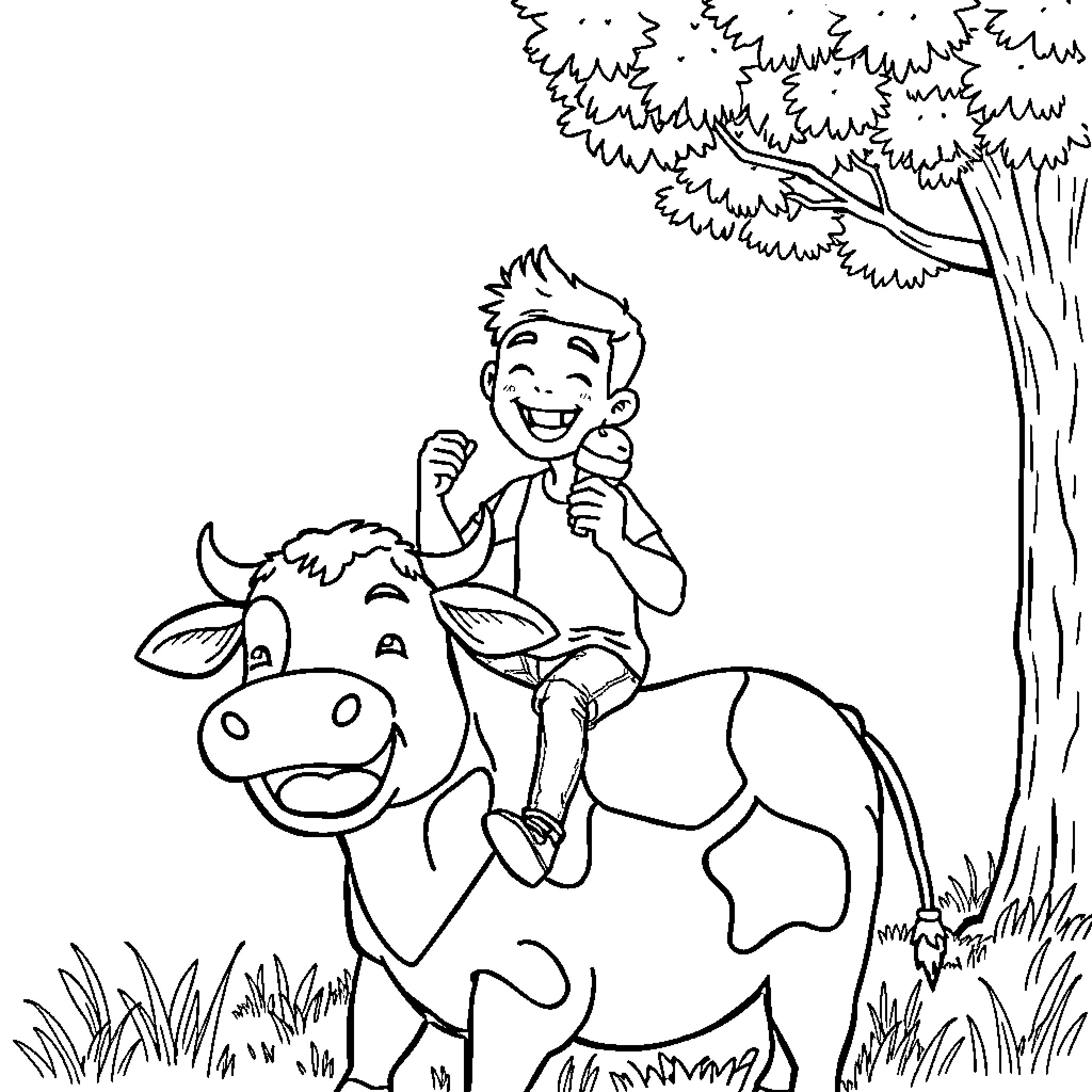 Guy happily riding a cow in the field Coloring Page (free black-and-white line drawing printable PDF for all, from beginners to advanced learners, including children, teens, adults, and seniors)
