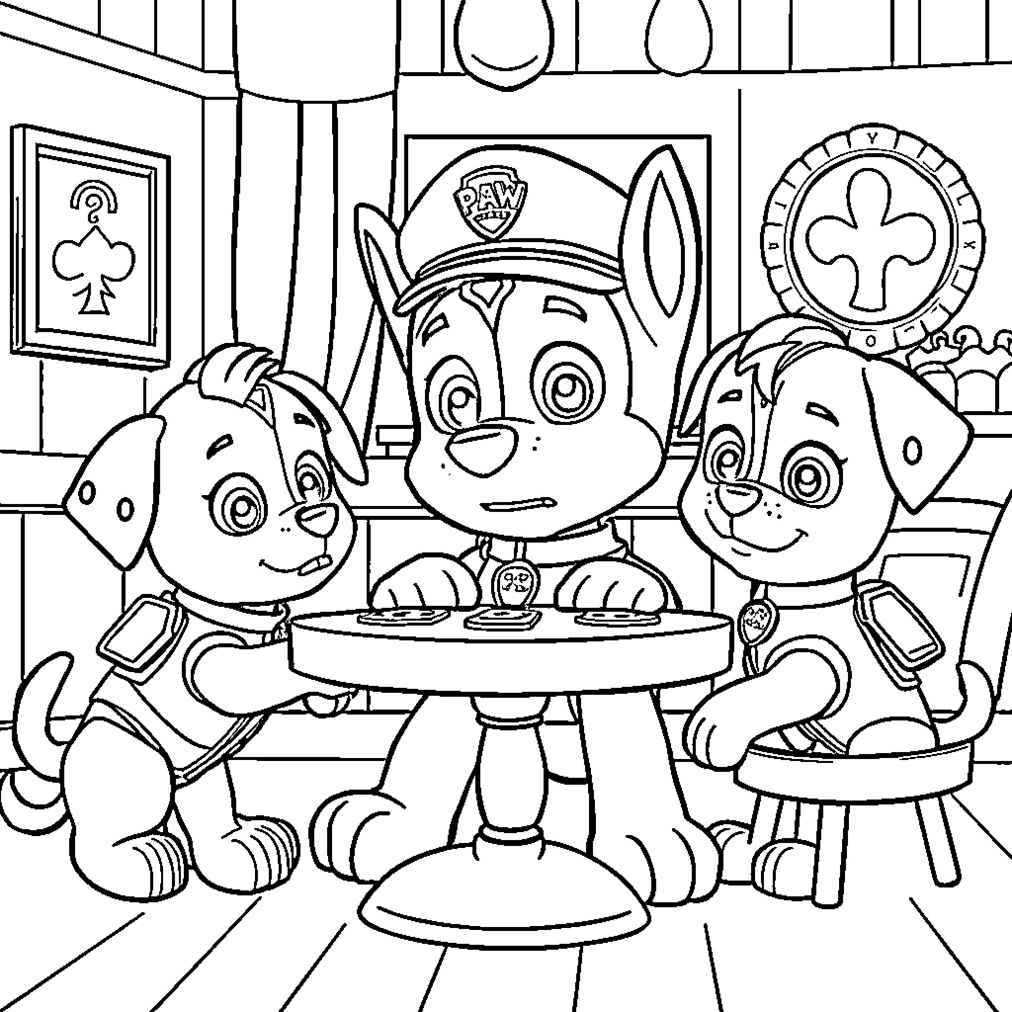 Chase the Pups' Playful Adventure Coloring Page (free black-and-white line drawing printable PDF for all, from beginners to advanced learners, including children, teens, adults, and seniors)