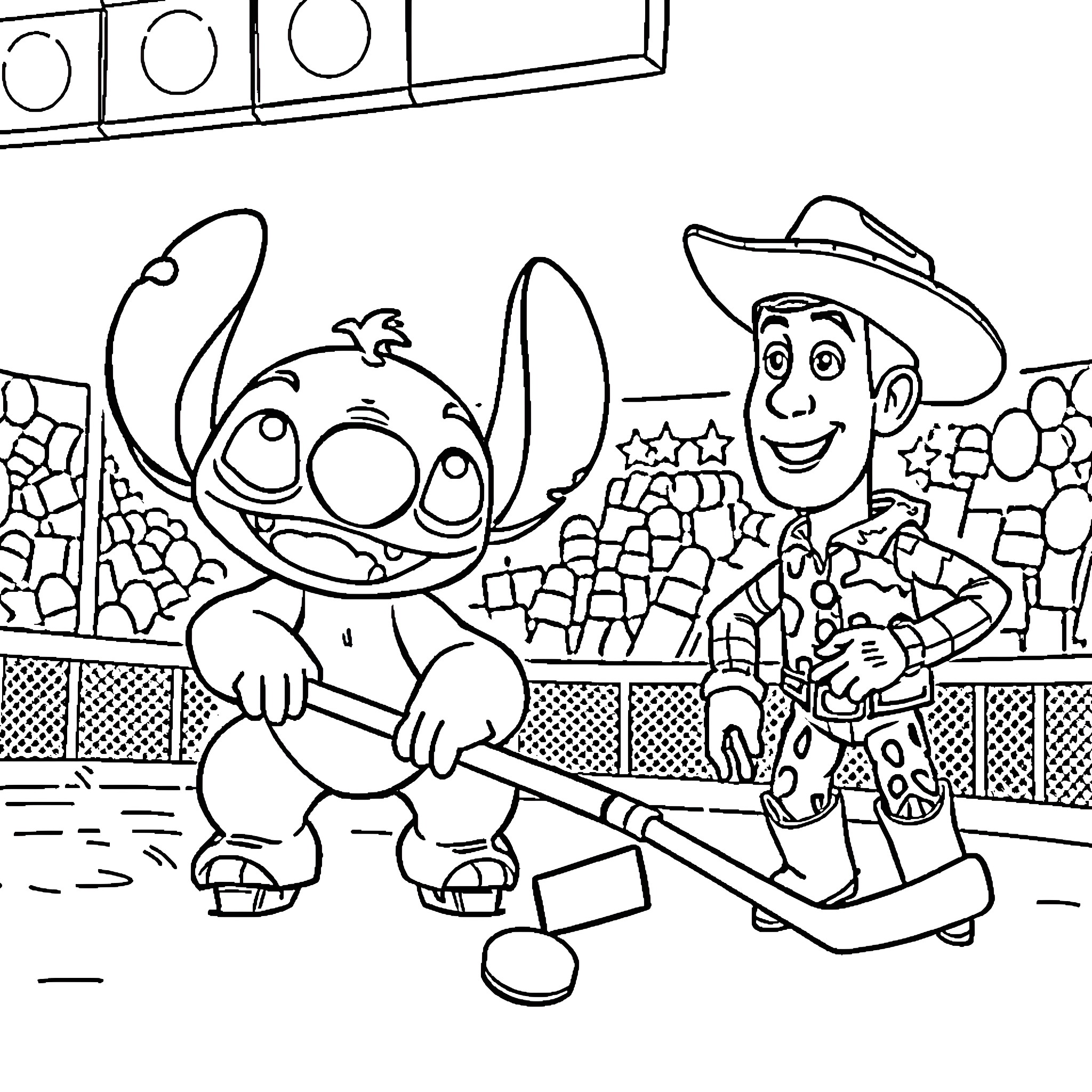 Stitch playing baseball with cowboy Coloring Page (free black-and-white line drawing printable PDF for all, from beginners to advanced learners, including children, teens, adults, and seniors)