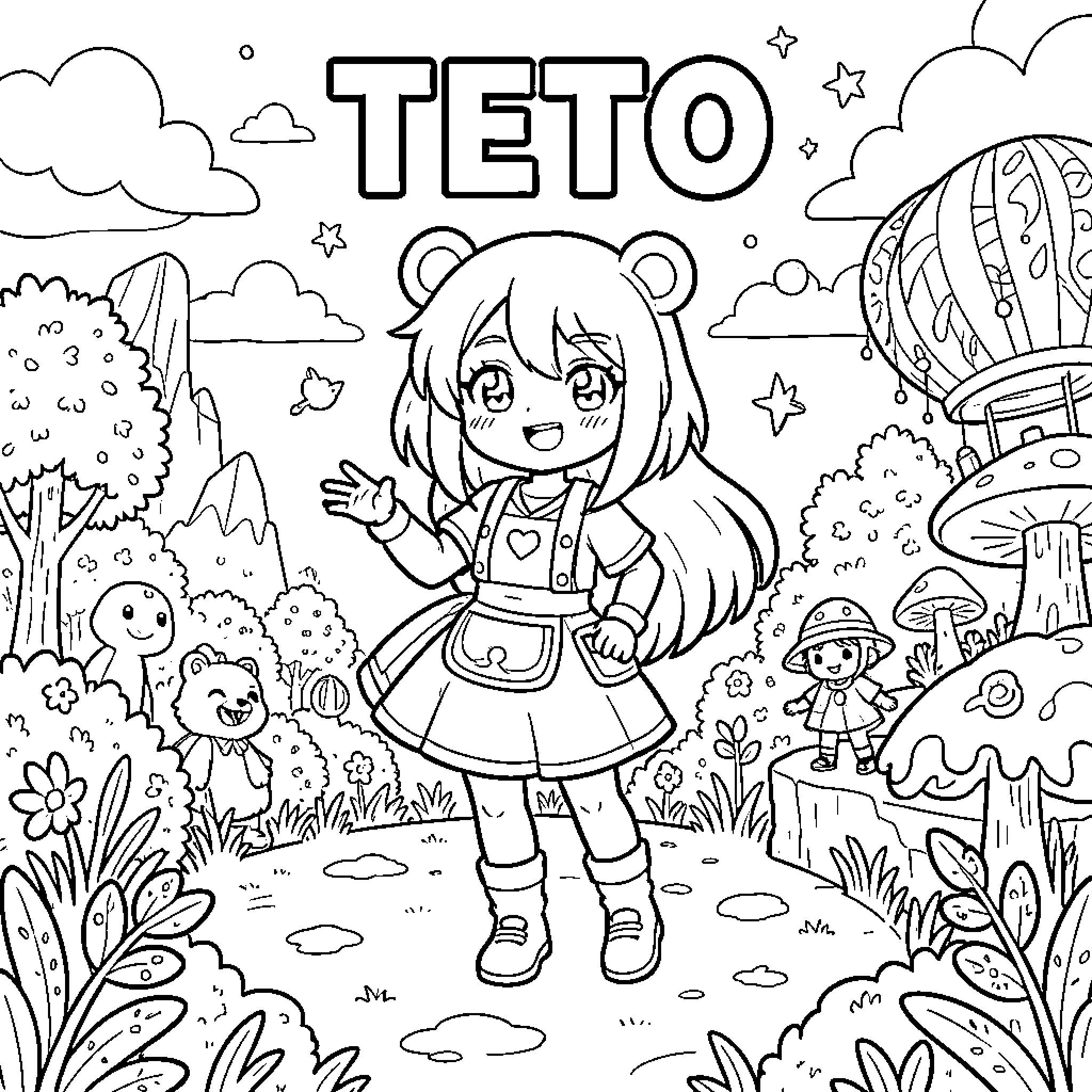 Teto waving happily in a whimsical forest landscape Coloring Page (free black-and-white line drawing printable PDF for all, from beginners to advanced learners, including children, teens, adults, and seniors)