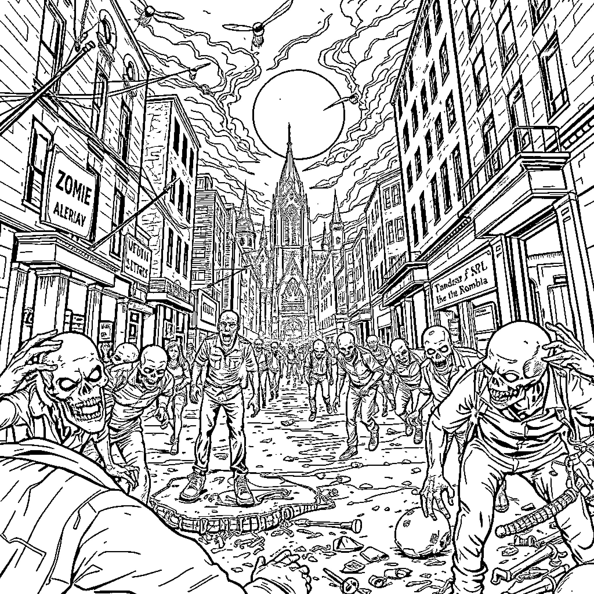 Zombie Invasion in the City Streets Coloring Page (free black-and-white line drawing printable PDF for all, from beginners to advanced learners, including children, teens, adults, and seniors)