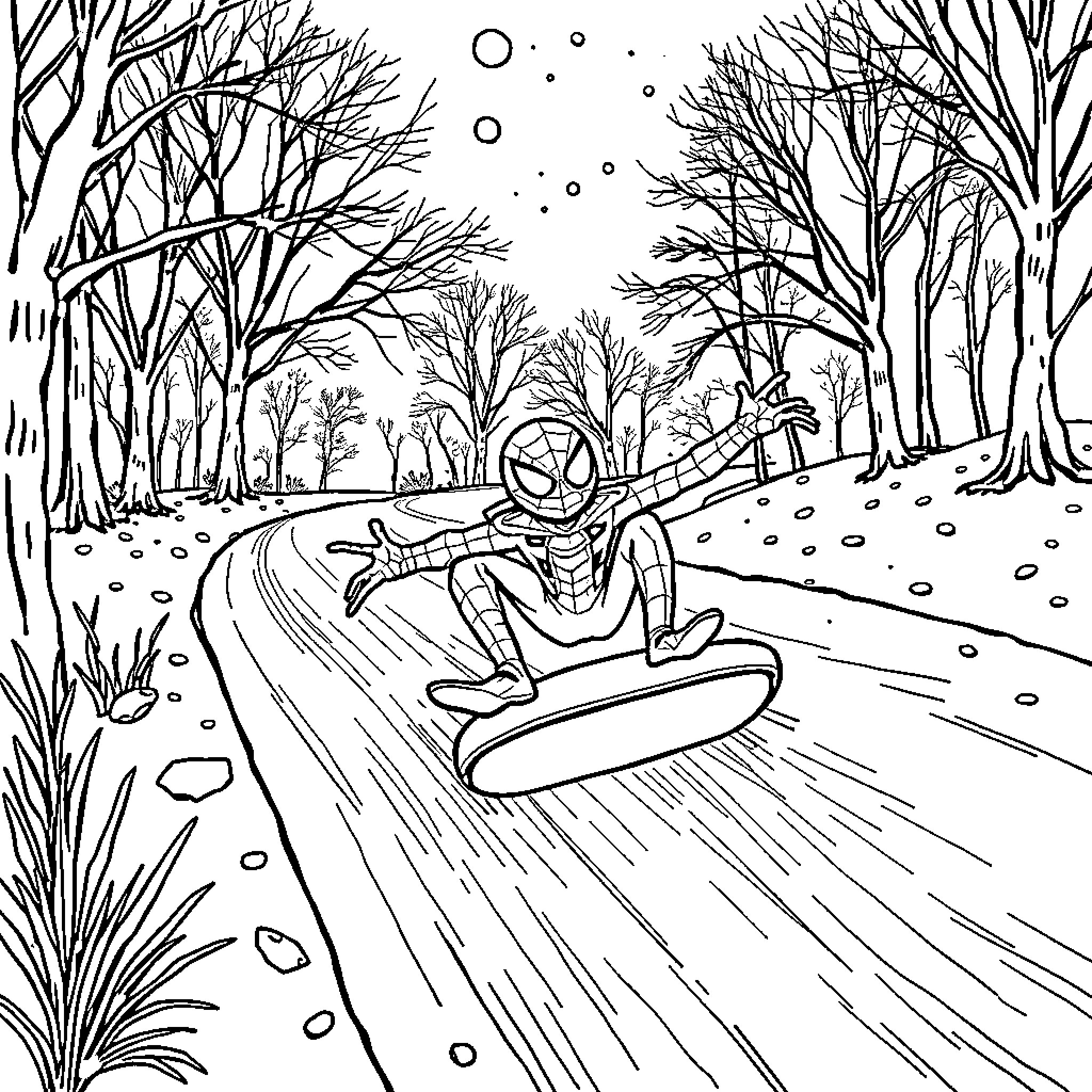 Spidey sledding down a snowy path Coloring Page (free black-and-white line drawing printable PDF for all, from beginners to advanced learners, including children, teens, adults, and seniors)