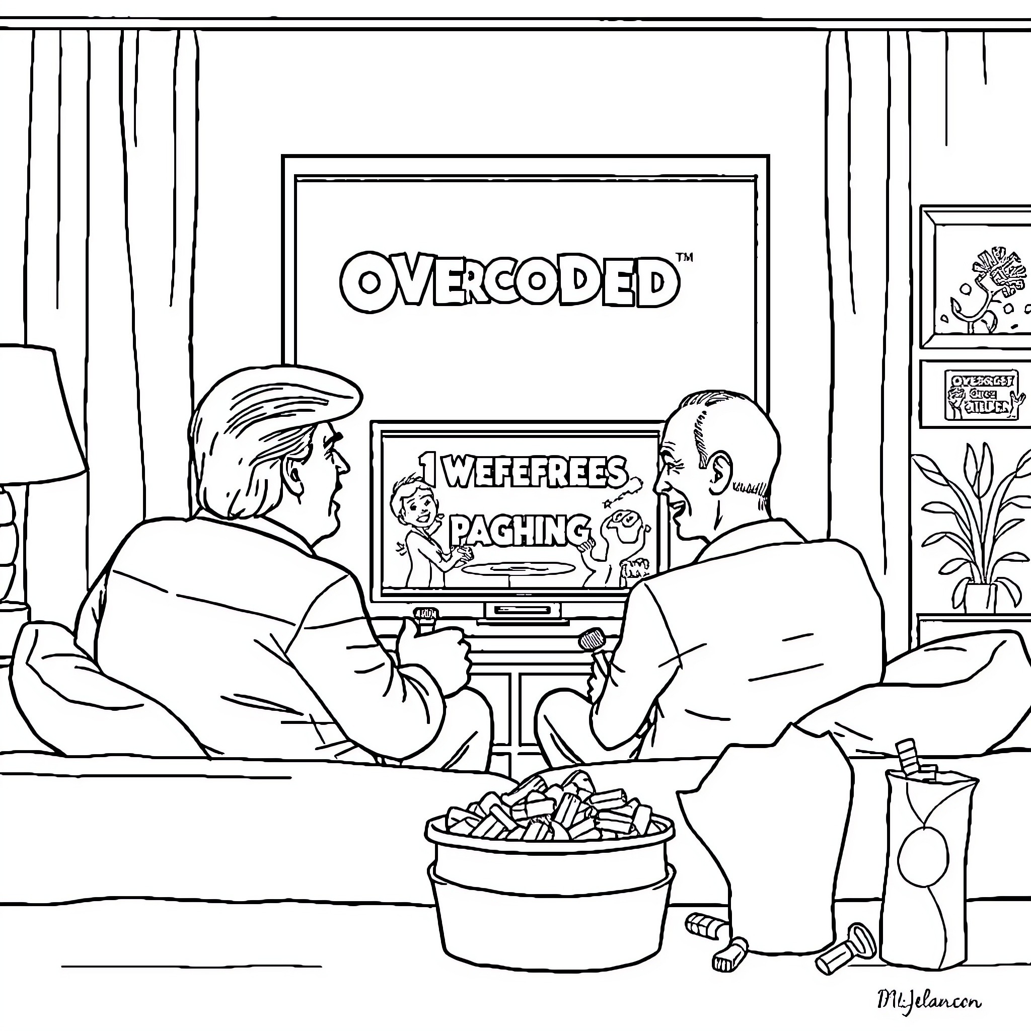 Trump Mocking the Concept of 'Overcoded' in a Living Room Setting Coloring Page (free black-and-white line drawing printable PDF for all, from beginners to advanced learners, including children, teens, adults, and seniors)
