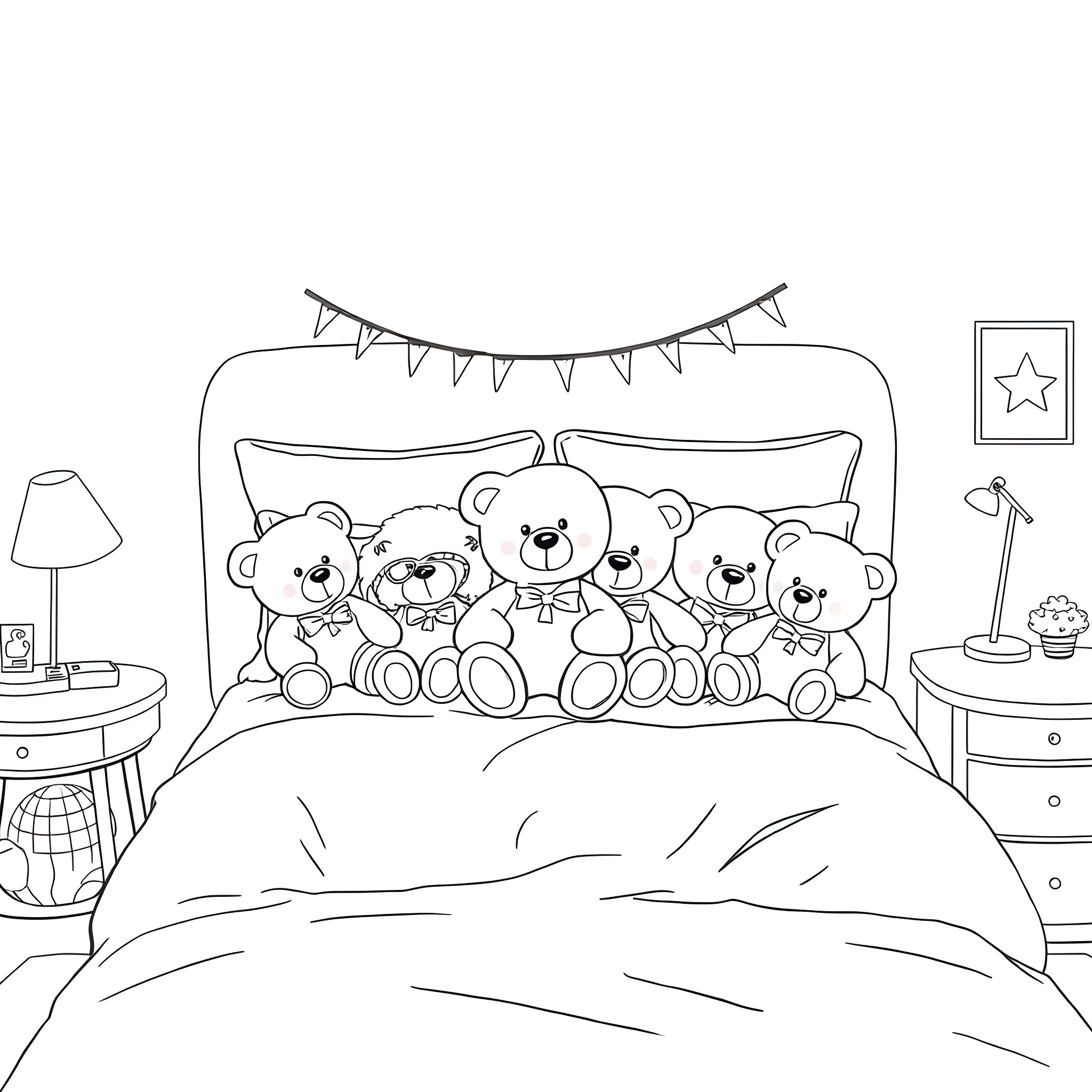 Teddy Bears having a Slumber Party Coloring Page (free black-and-white line drawing printable PDF for all, from beginners to advanced learners, including children, teens, adults, and seniors)
