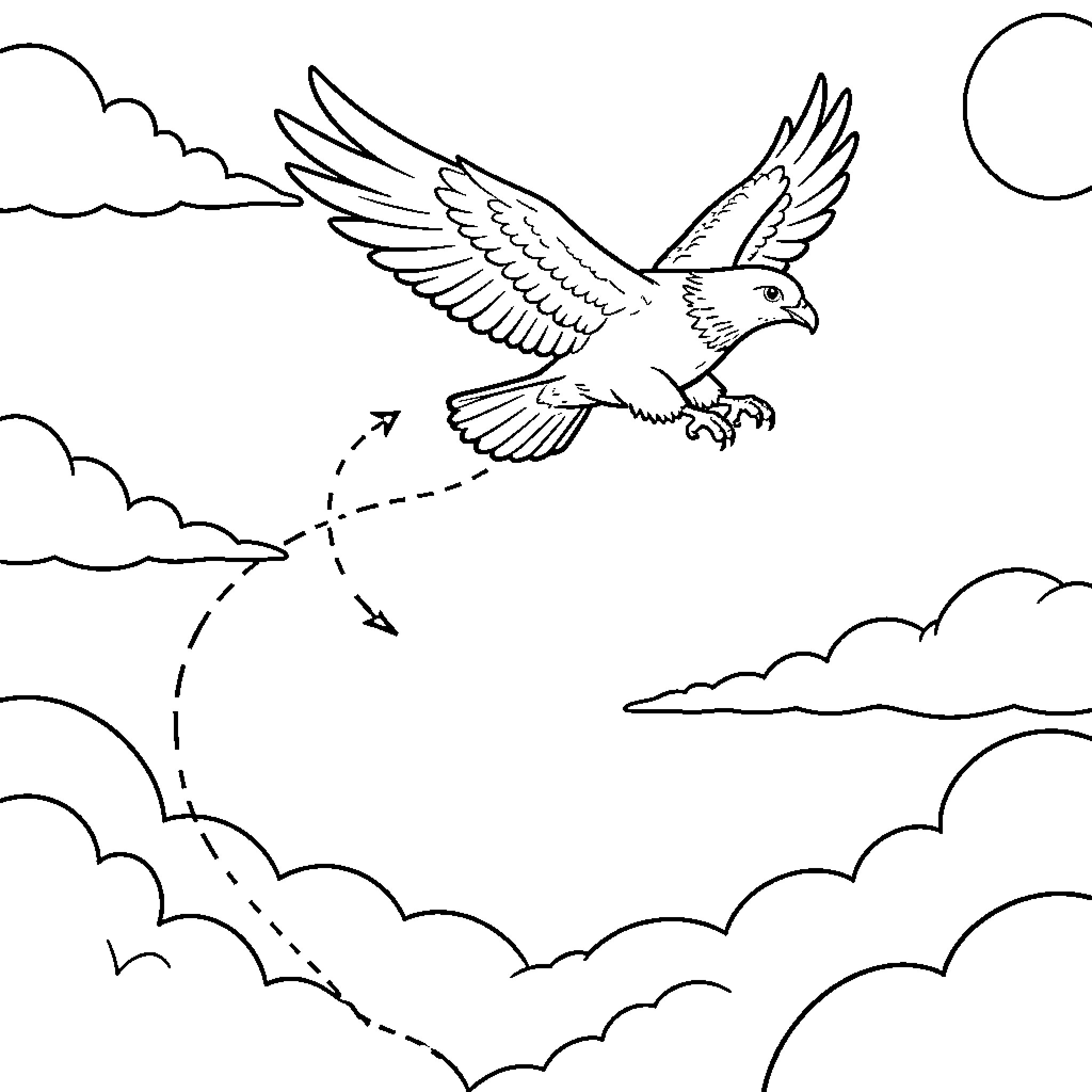 Bird soaring gracefully in the clouds Coloring Page (free black-and-white line drawing printable PDF for all, from beginners to advanced learners, including children, teens, adults, and seniors)