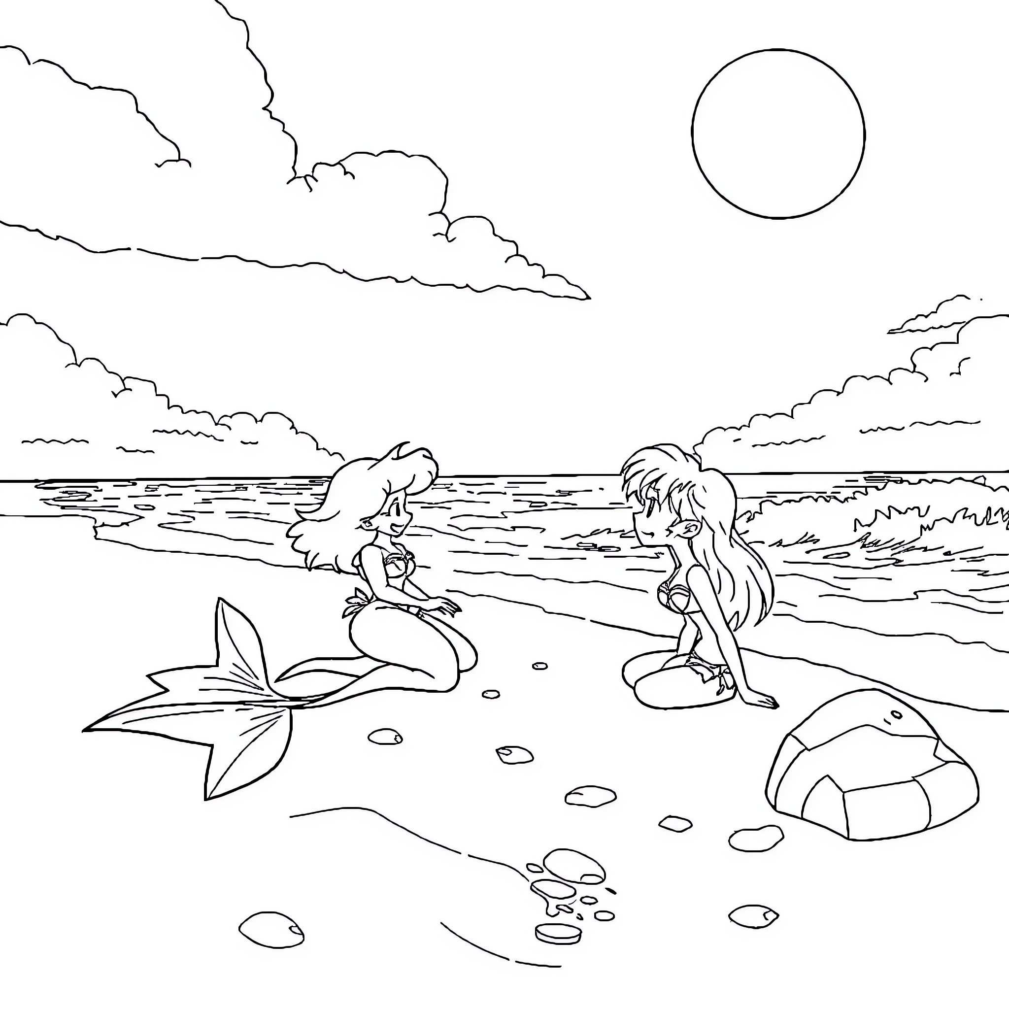 Ariel and friends playing on the beach Coloring Page (free black-and-white line drawing printable PDF for all, from beginners to advanced learners, including children, teens, adults, and seniors)