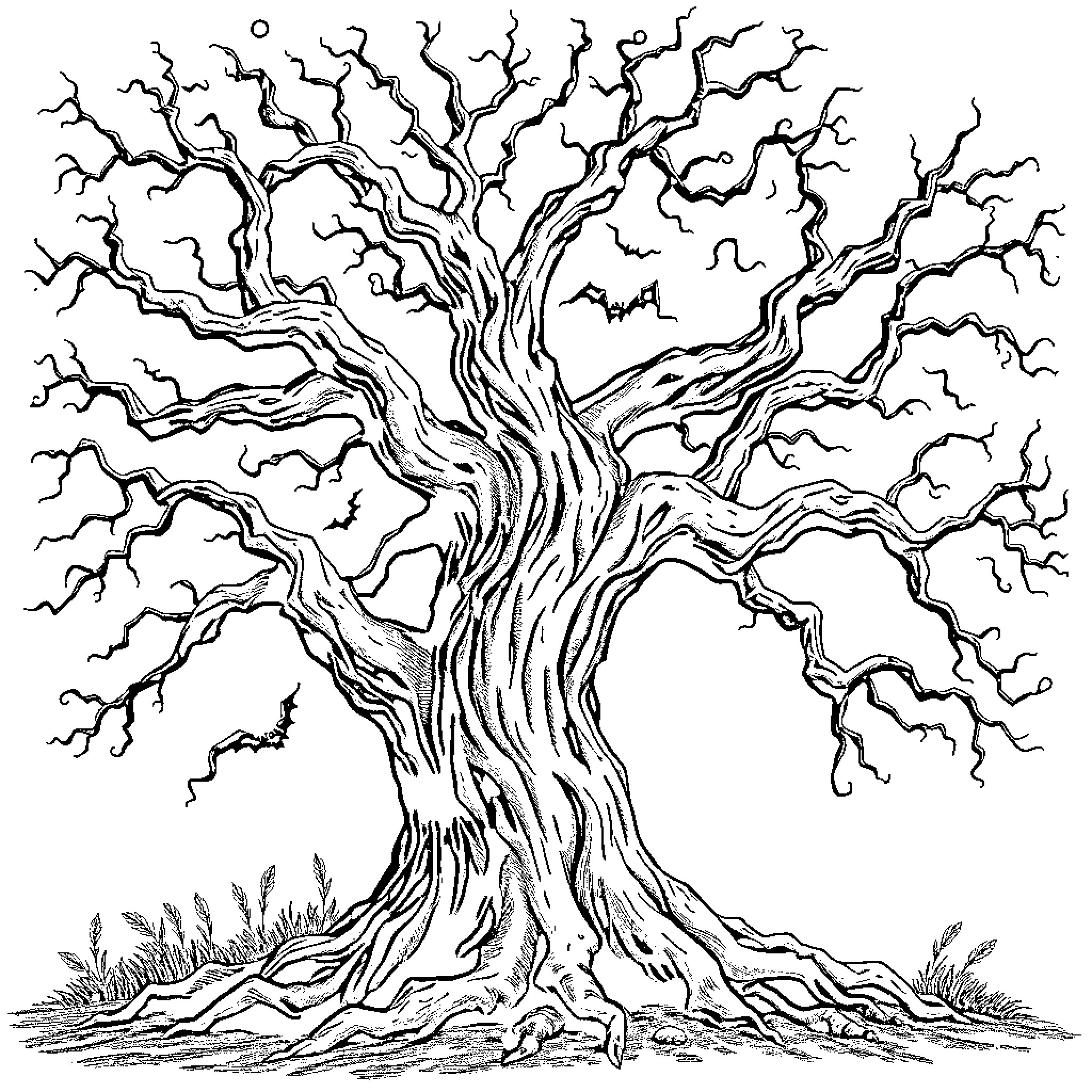 Tree with Intricate, Twisted Branches Coloring Page (free black-and-white line drawing printable PDF for all, from beginners to advanced learners, including children, teens, adults, and seniors)