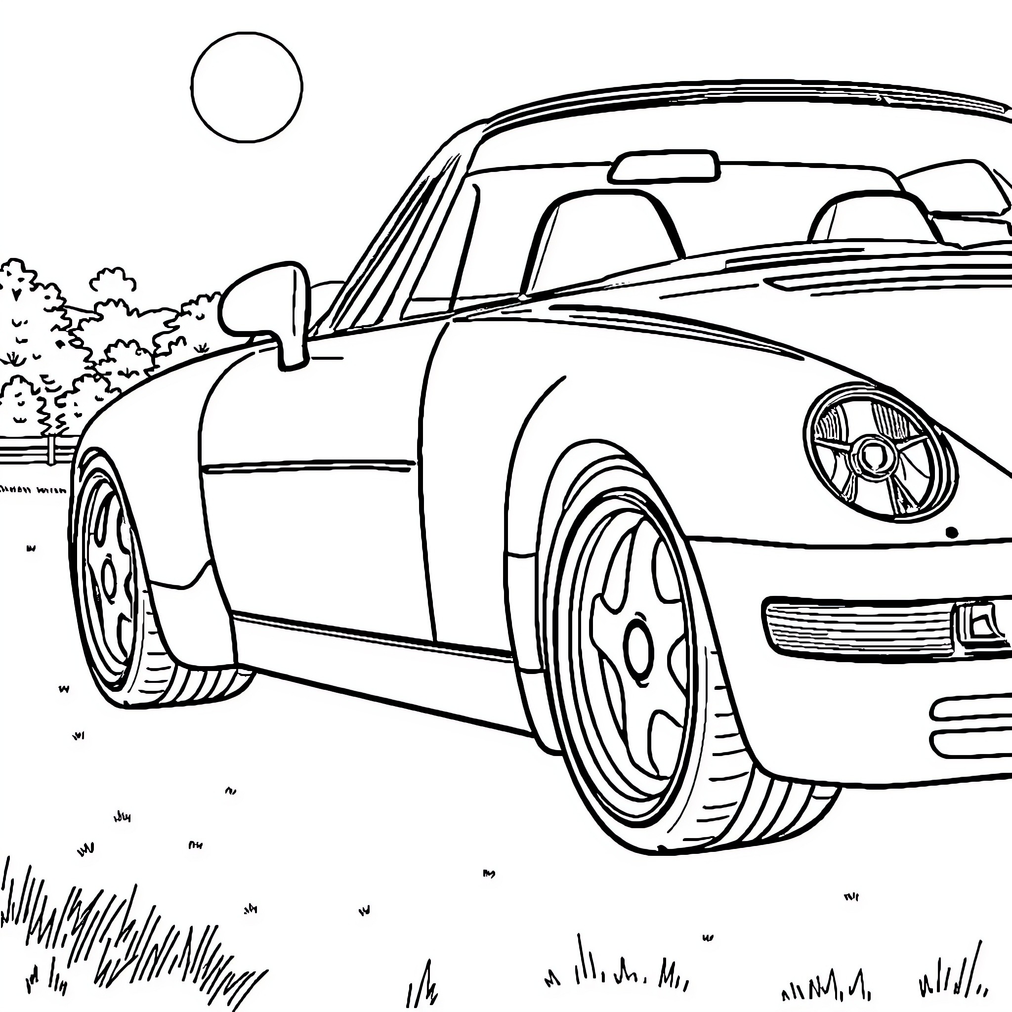 Porsche sports car speeding through the countryside Coloring Page (free black-and-white line drawing printable PDF for all, from beginners to advanced learners, including children, teens, adults, and seniors)