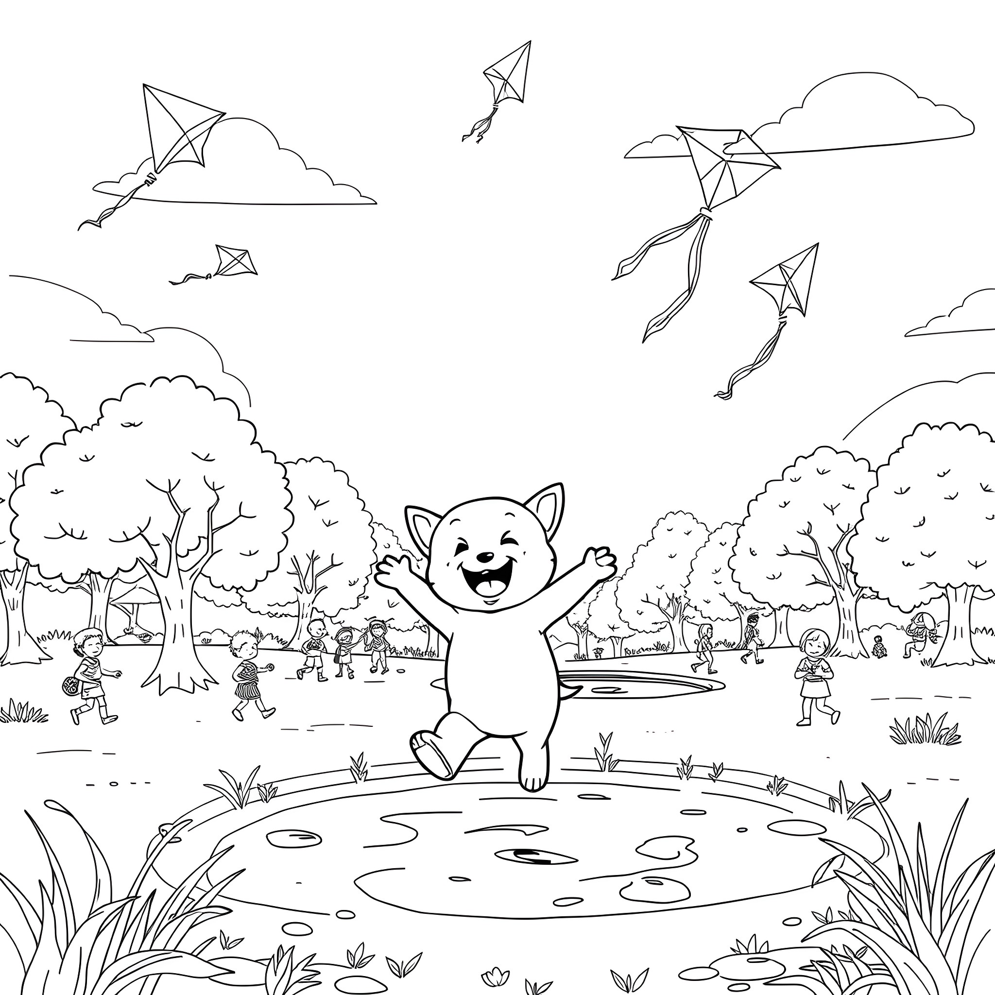 Labubu's joyful kite-flying adventure in the park Coloring Page (free black-and-white line drawing printable PDF for all, from beginners to advanced learners, including children, teens, adults, and seniors)