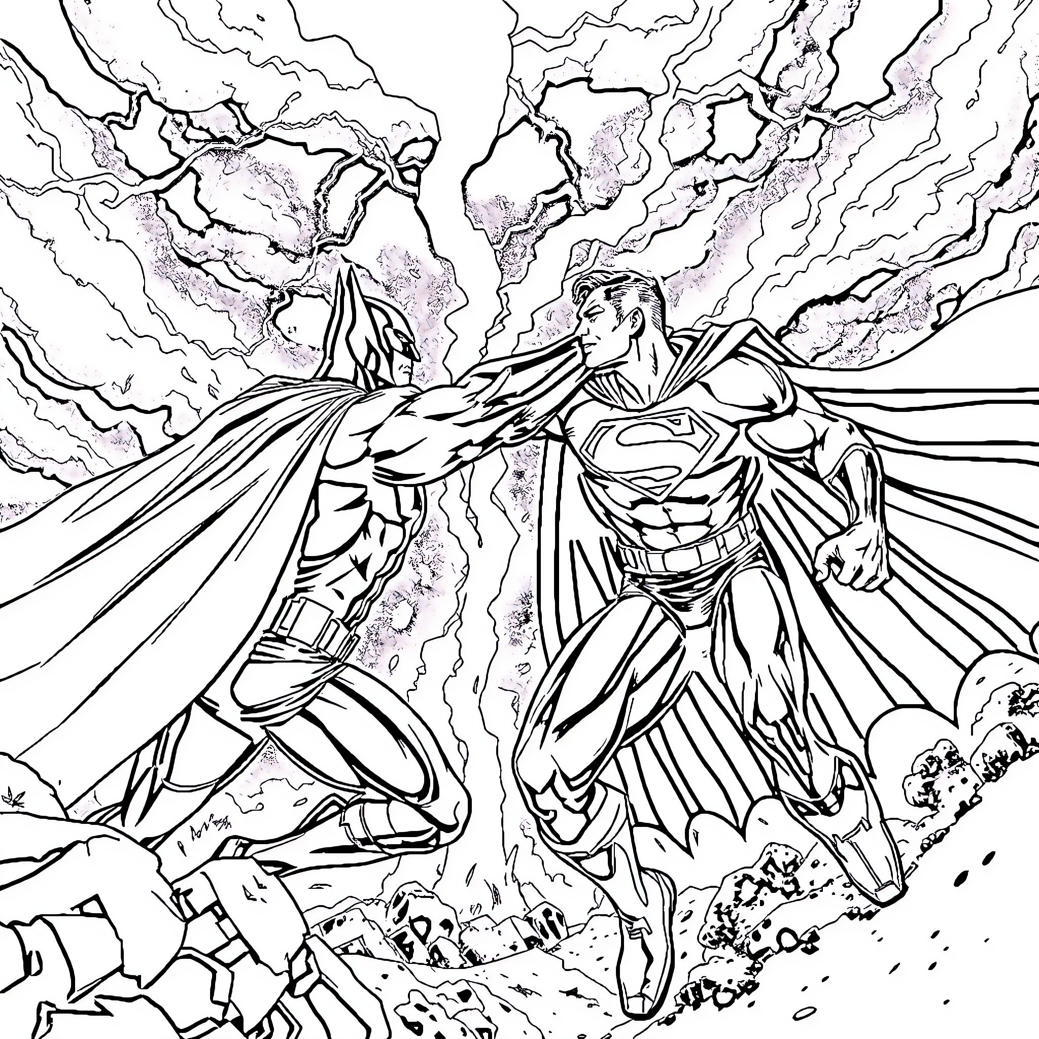 Batman and Superman in epic battle against the elements Coloring Page (free black-and-white line drawing printable PDF for all, from beginners to advanced learners, including children, teens, adults, and seniors)